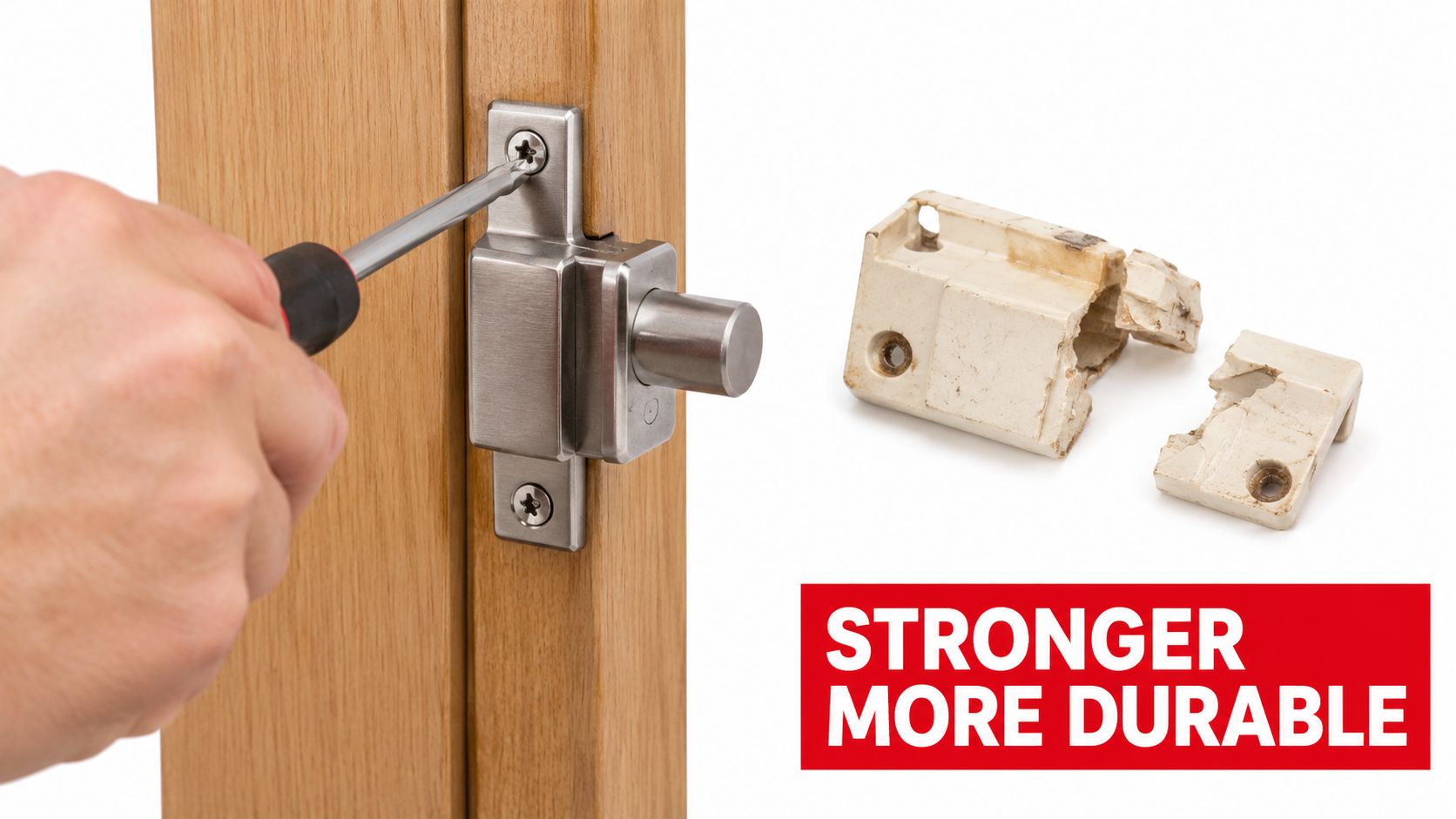 A hand using a screwdriver to install a sturdy metal door bolt lock replacing a broken plastic one.