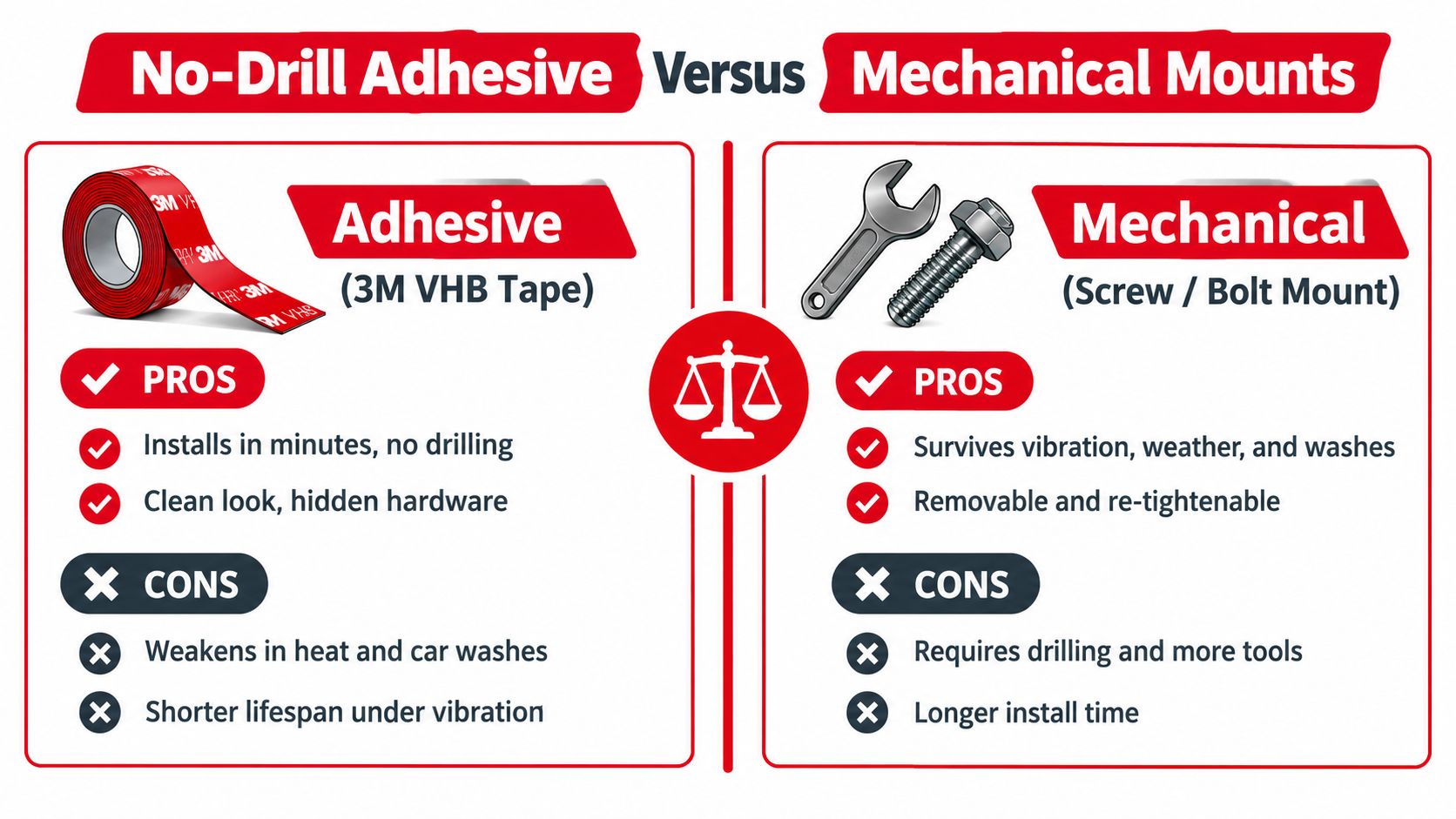 A comparison chart showing pros and cons of no-drill adhesive tape versus mechanical screw mounts.