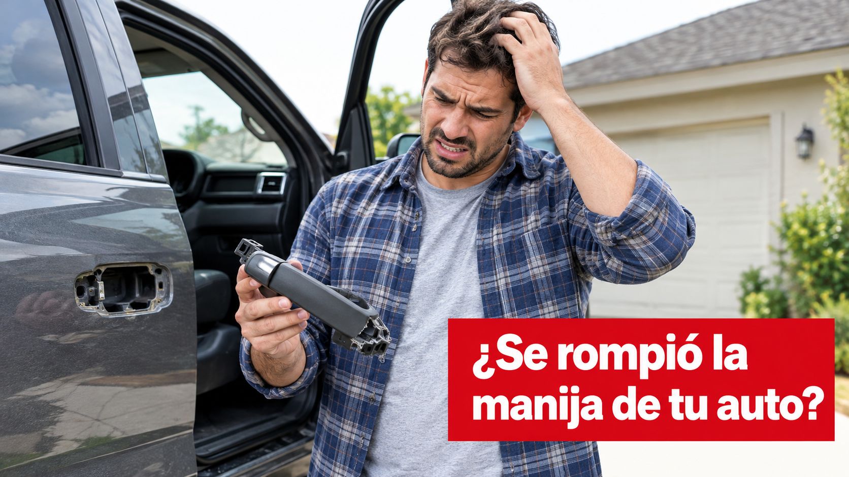 A man looking frustrated while holding a broken car door handle next to his vehicle.
