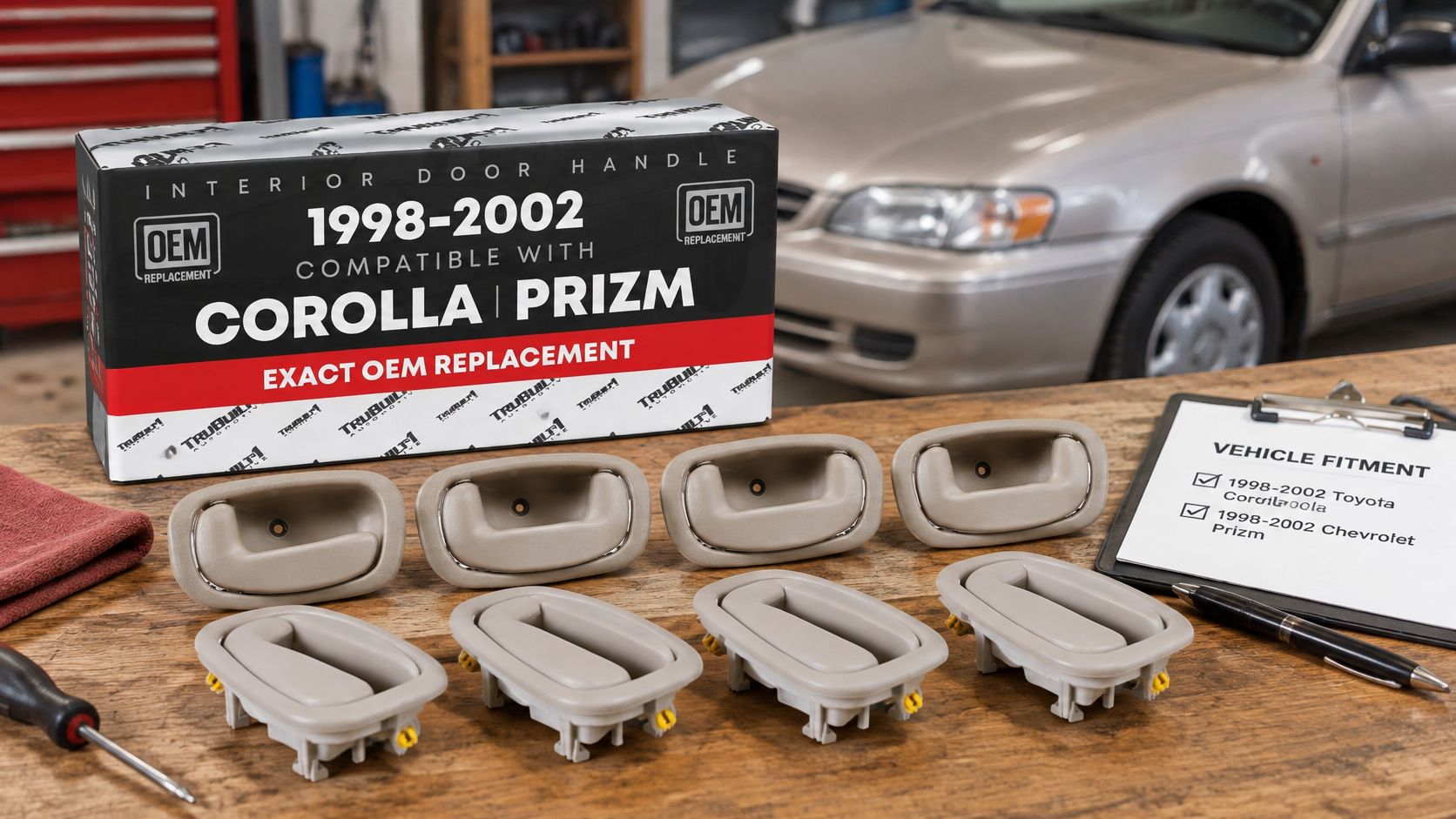 8-pc Interior & Exterior Front/Rear Driver & Passenger Door Handle - Compatible with 1998-2002 Toyota Corolla; 98-02 Chevrolet Prizm - OEM 94859666, 94859670, 94857480, 94857481, 94857484, 94857485 - 8-Piece Set - Beige