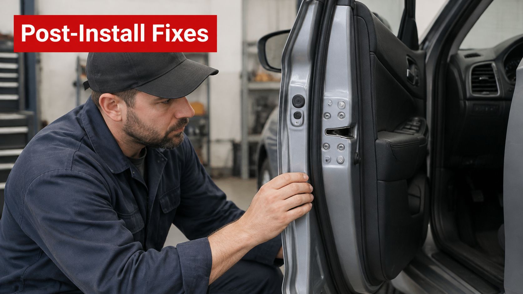 A professional mechanic performing post-install fixes on a car door in an automotive repair shop garage.