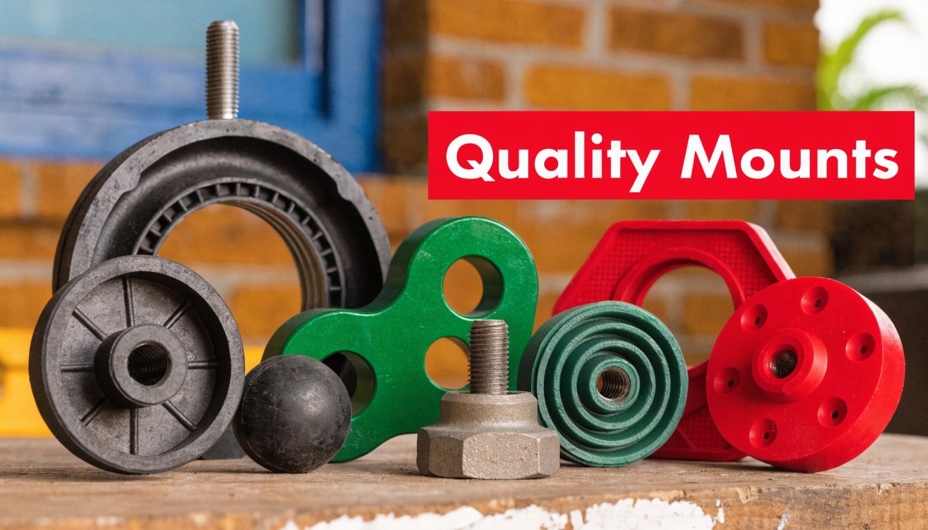 A collection of various industrial rubber and metal motor mounts displayed on a wooden surface.