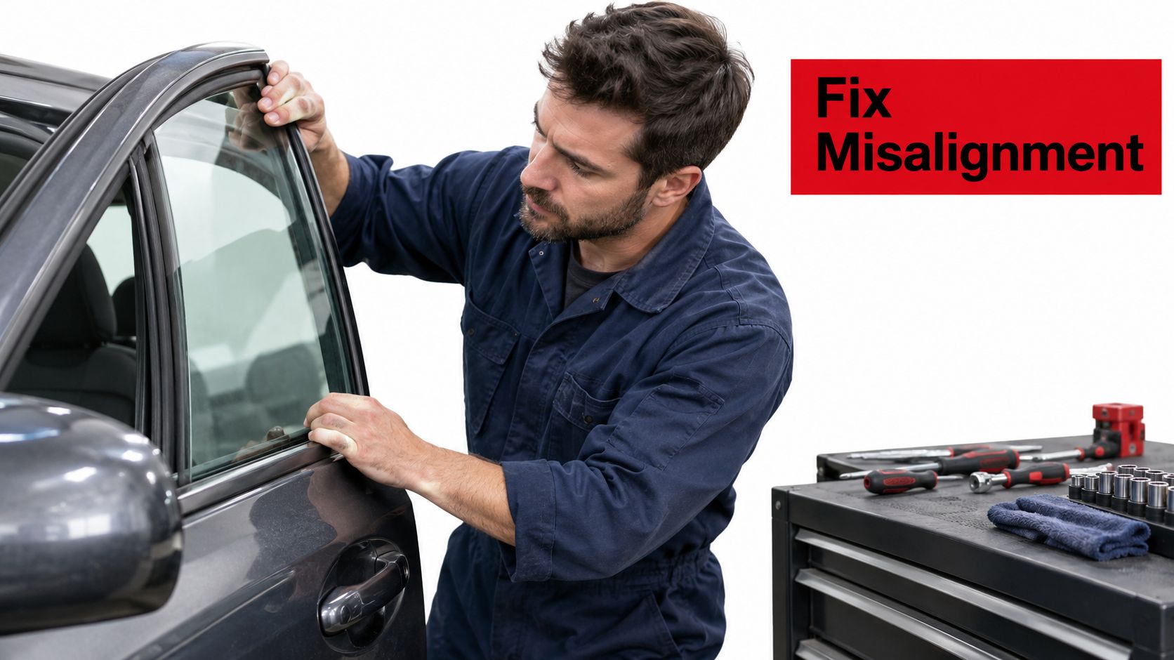 A professional mechanic in a blue uniform inspecting the window seal on a car door frame.