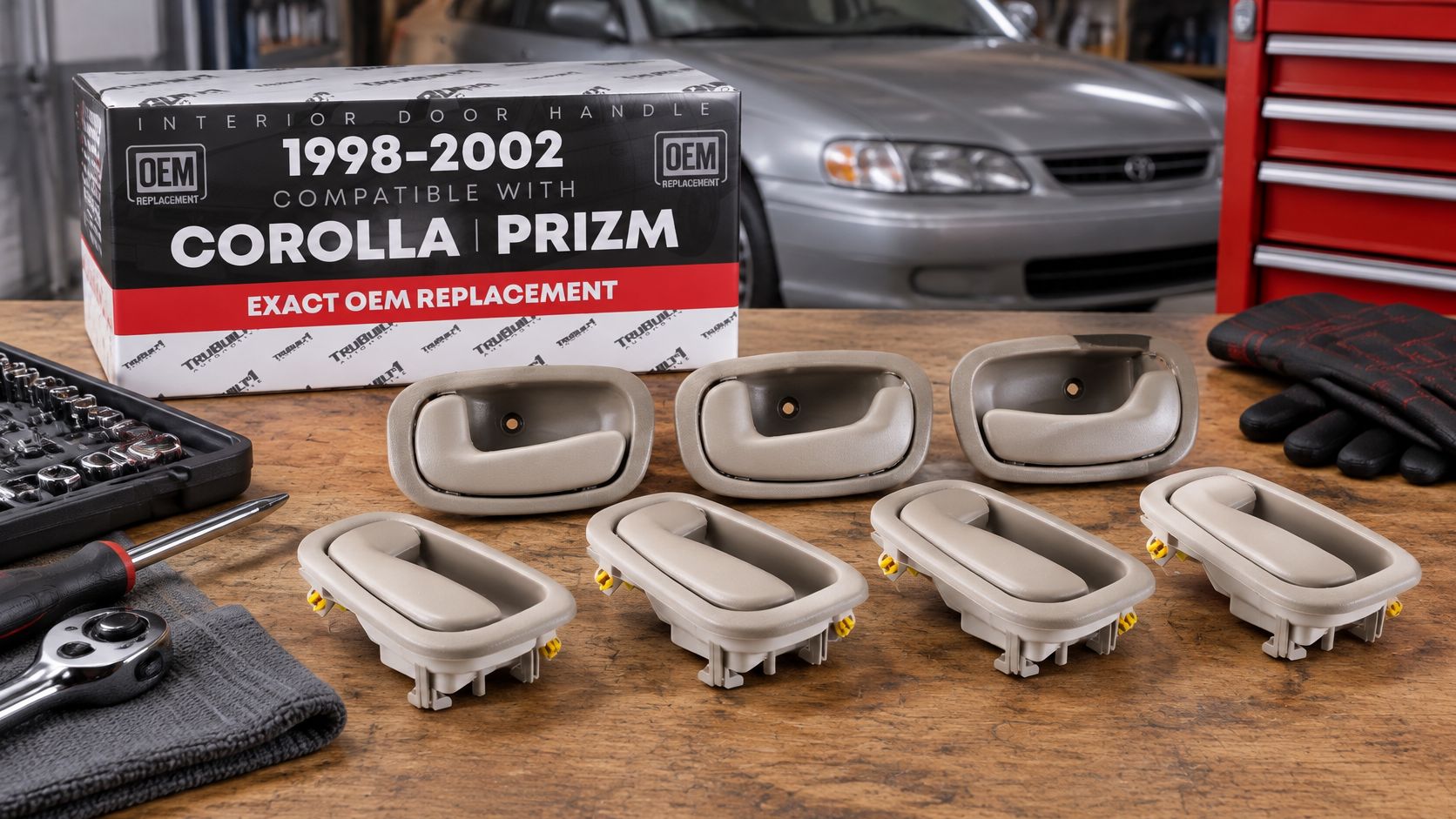 8-pc Interior & Exterior Front/Rear Driver & Passenger Door Handle - Compatible with 1998-2002 Toyota Corolla; 98-02 Chevrolet Prizm - OEM 94859666, 94859670, 94857480, 94857481, 94857484, 94857485 - 8-Piece Set - Beige