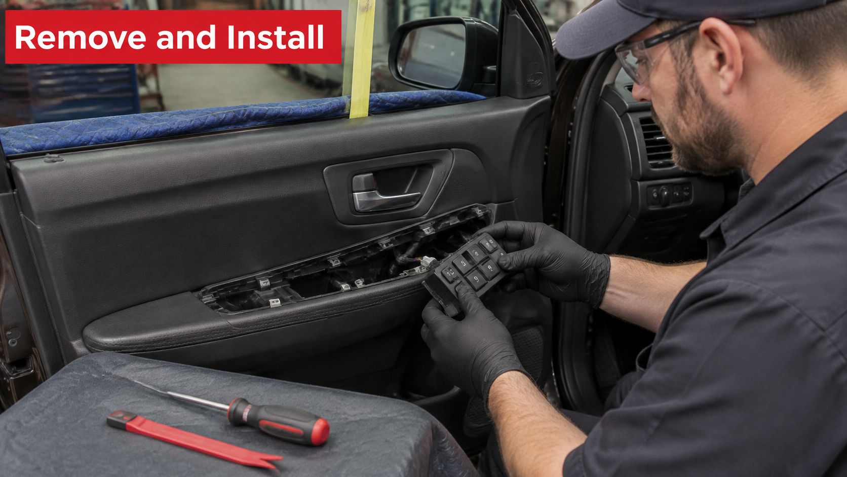A professional automotive technician wearing gloves removes the power window switch module from a car door panel.