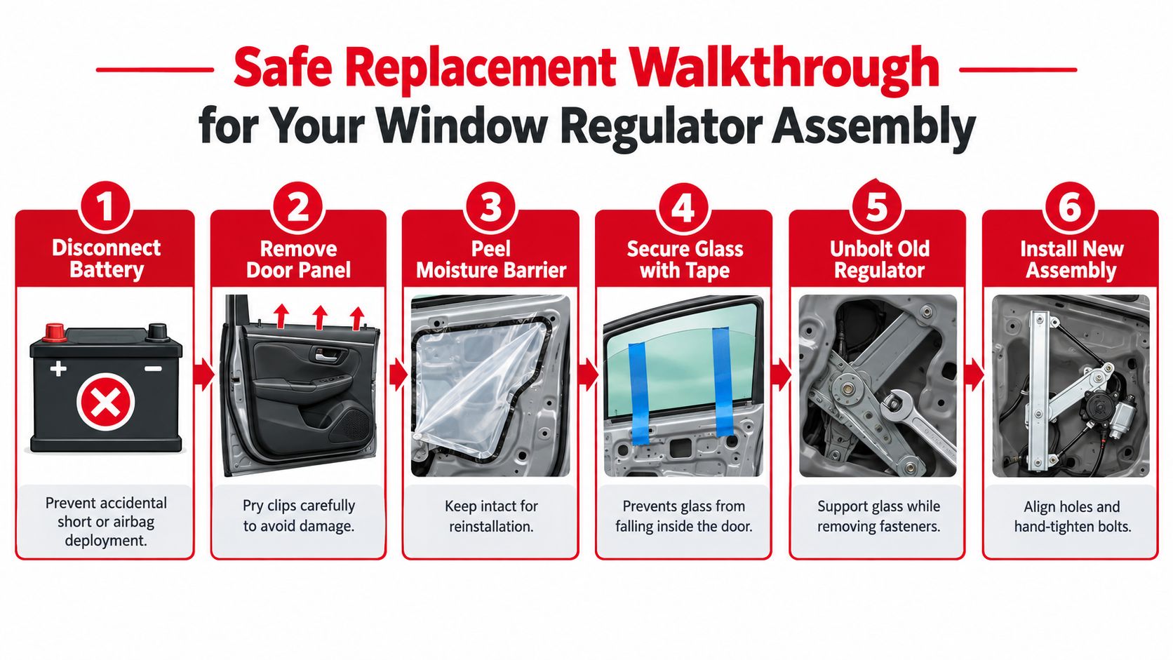 A six-step infographic illustrating how to safely replace a car door window regulator assembly.
