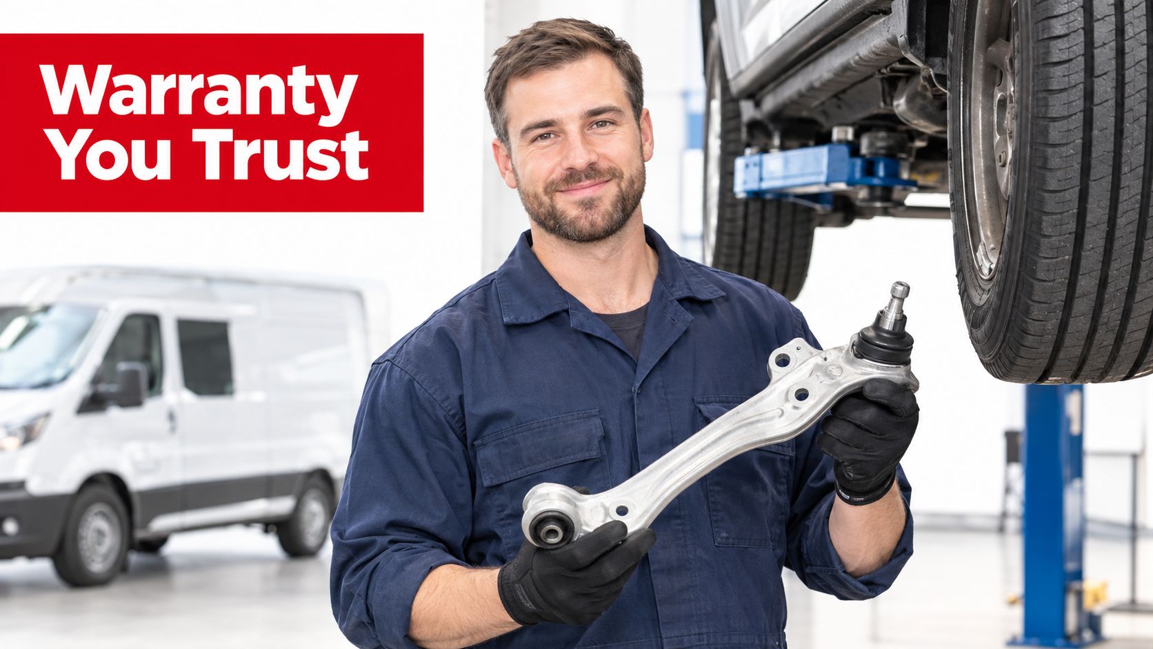 A professional mechanic in a blue uniform holds a new car control arm part in a repair shop.