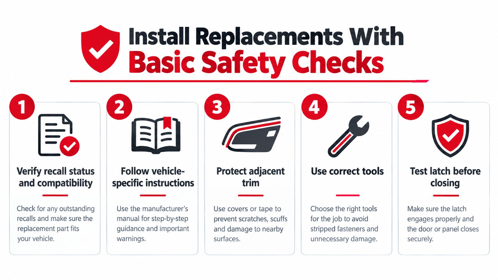 An infographic showing five essential safety steps for installing vehicle part replacements like door handles and locks.