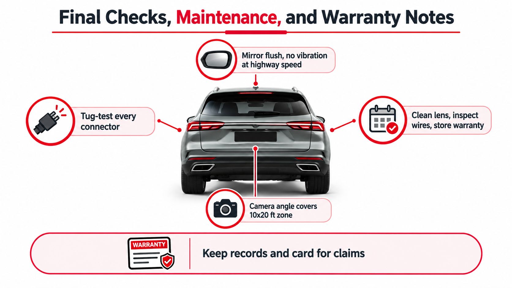 A guide showing final checks and maintenance tips for installing a rear view backup camera on a car.