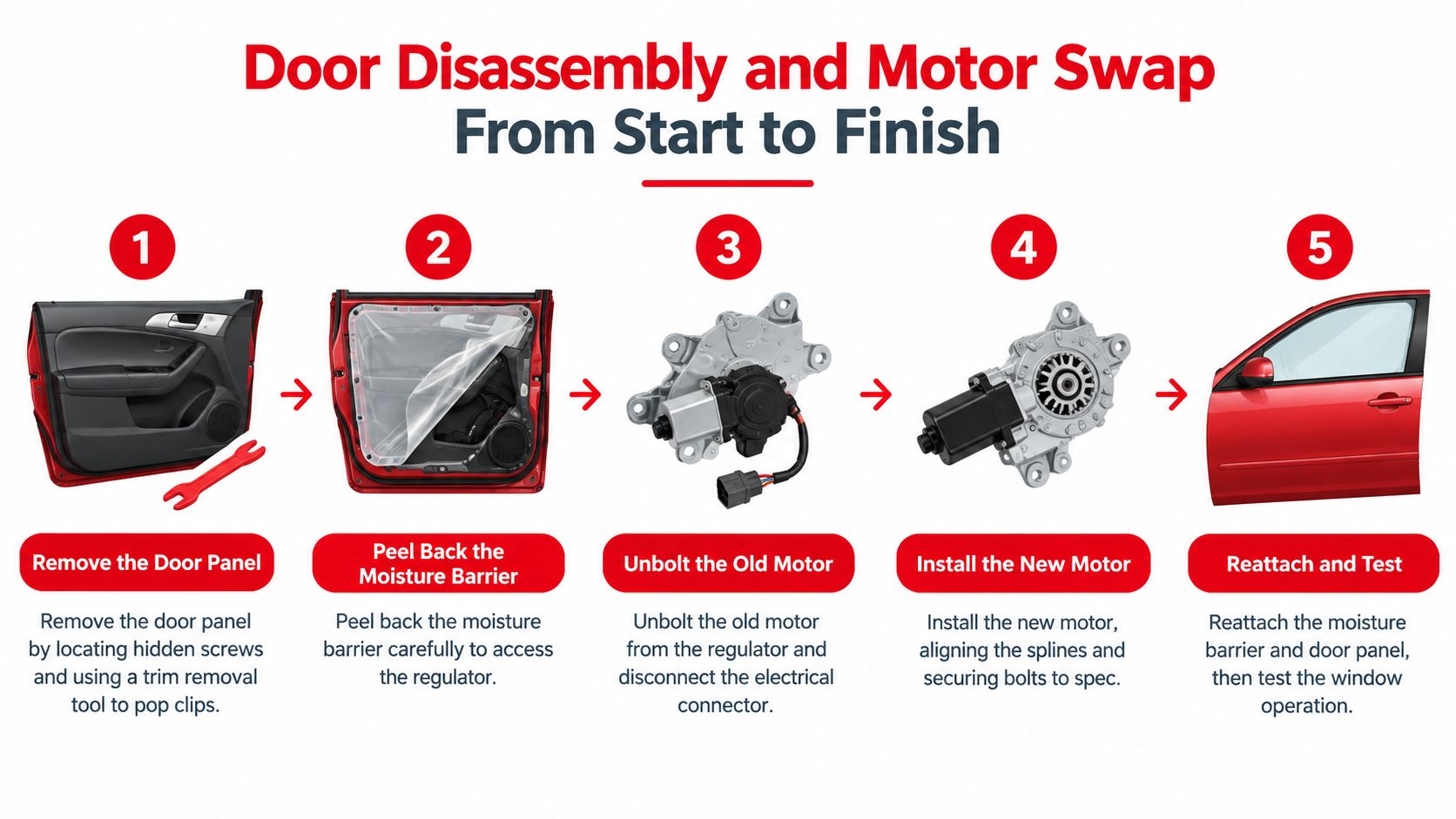 A five-step instructional guide illustrating how to replace a car door window motor from disassembly to testing.