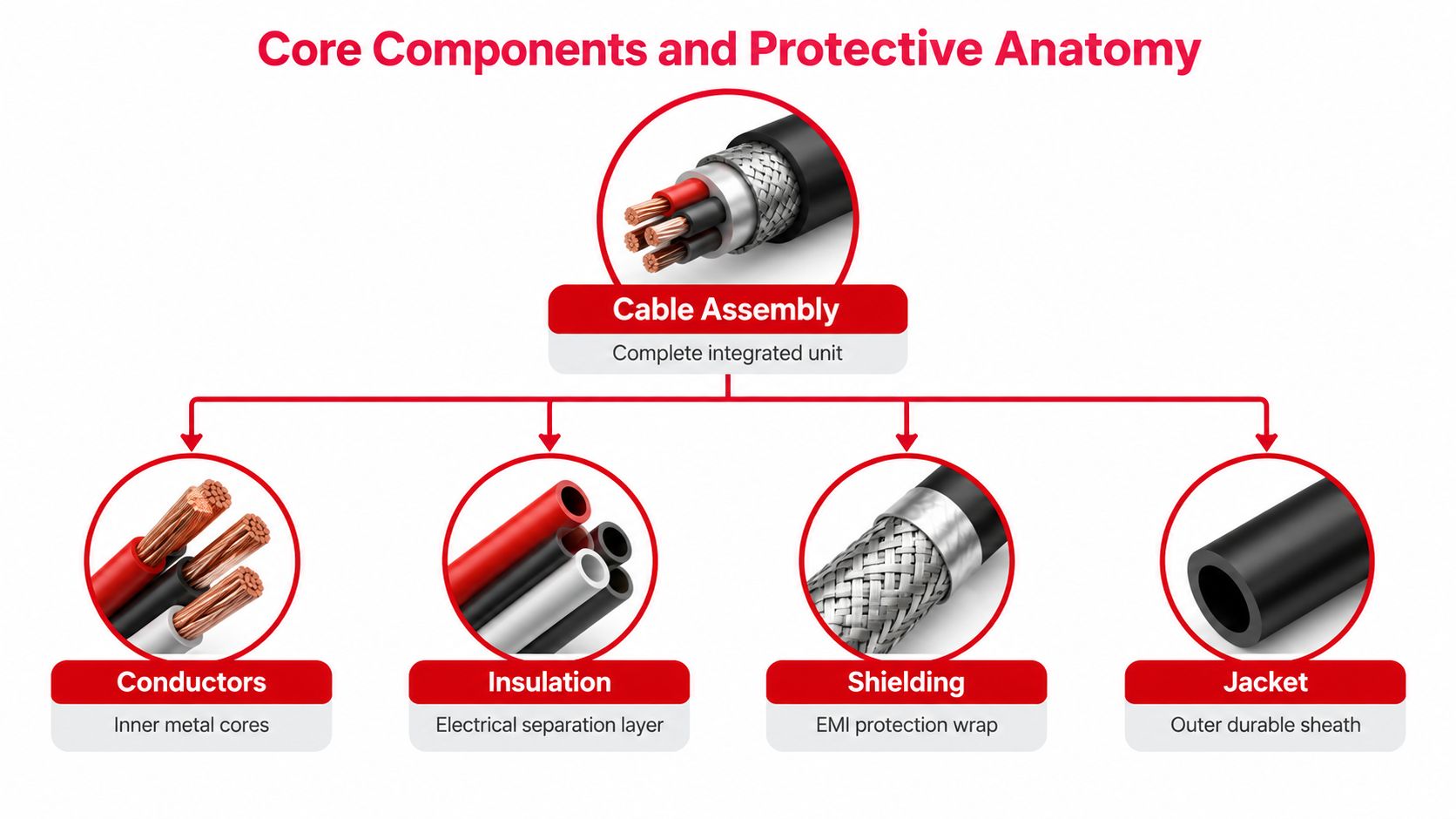 A diagram illustrating the core components of a cable assembly, including conductors, insulation, shielding, and outer jacket.