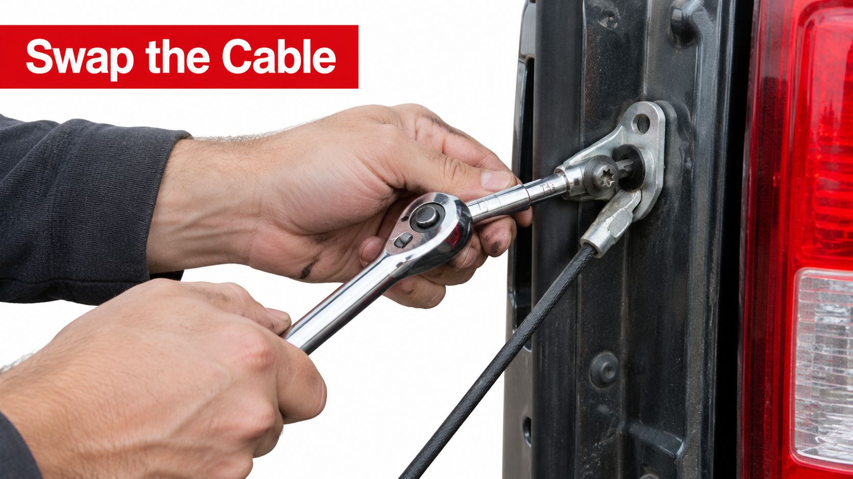 A pair of hands using a socket wrench to unscrew a Ford Ranger tailgate cable bolt.
