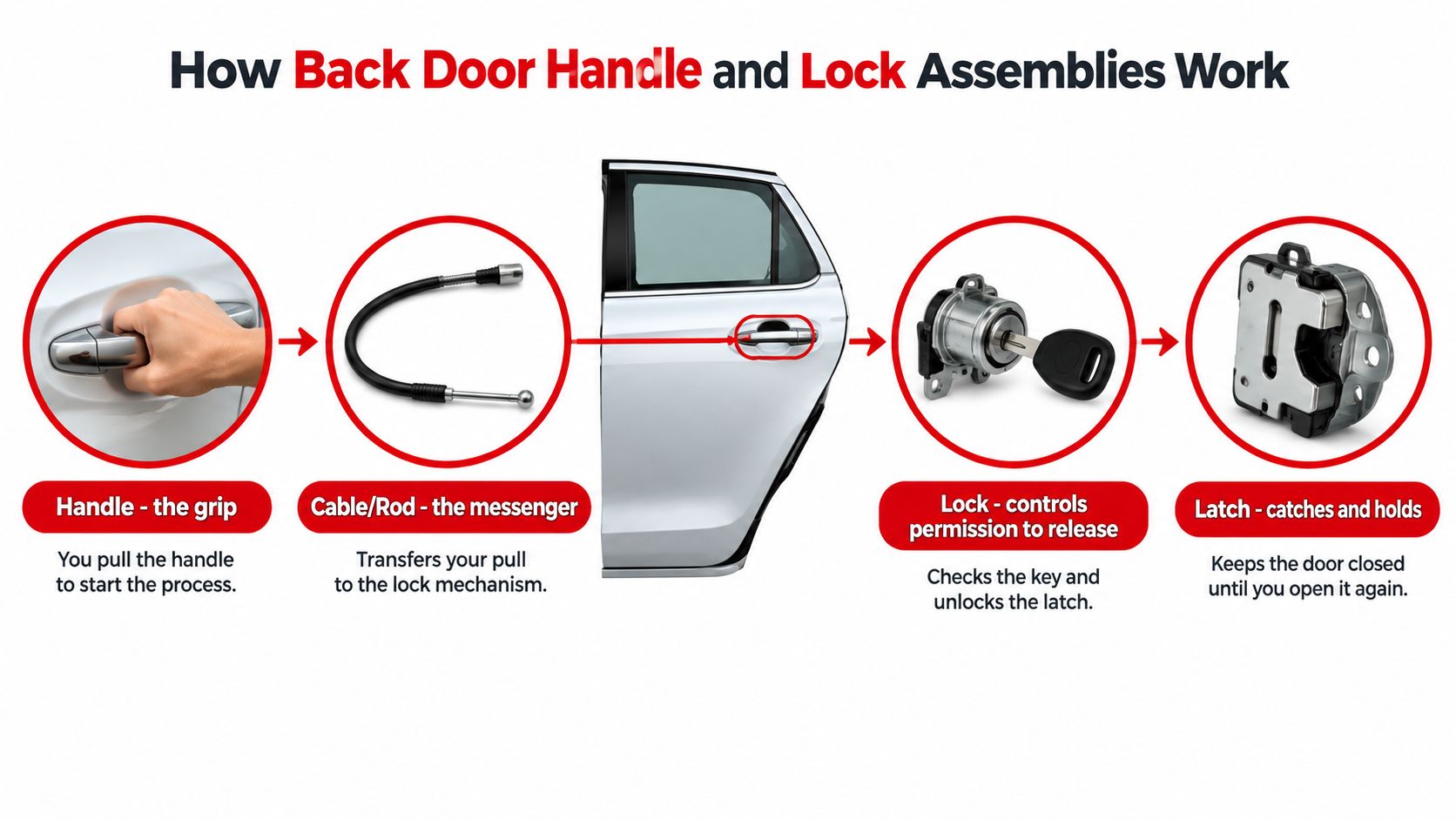 A diagram illustrating how back door handles, cables, locks, and latches function together in a vehicle.