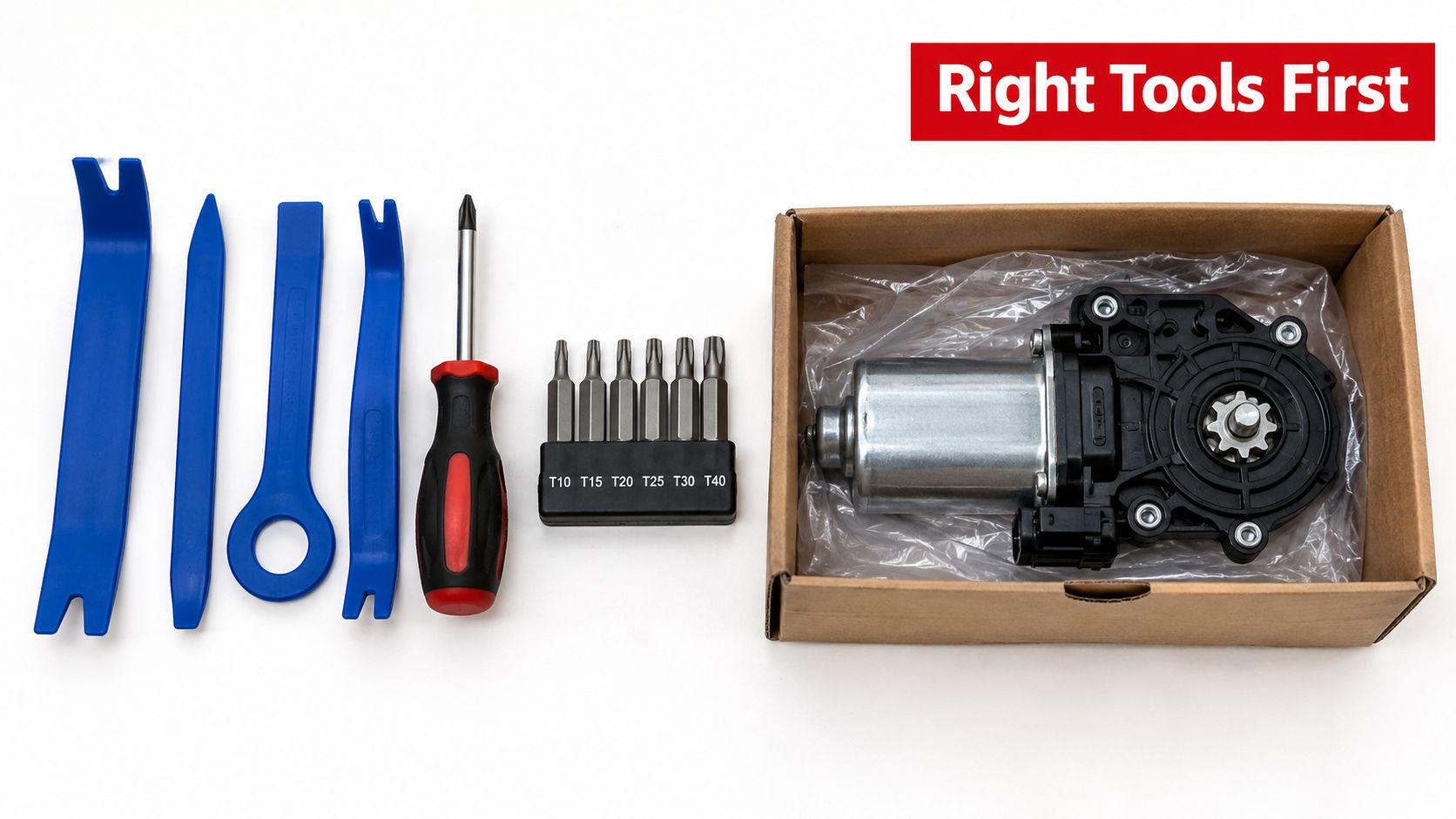A new window motor, screwdriver, and set of plastic pry tools for car repair on white background.