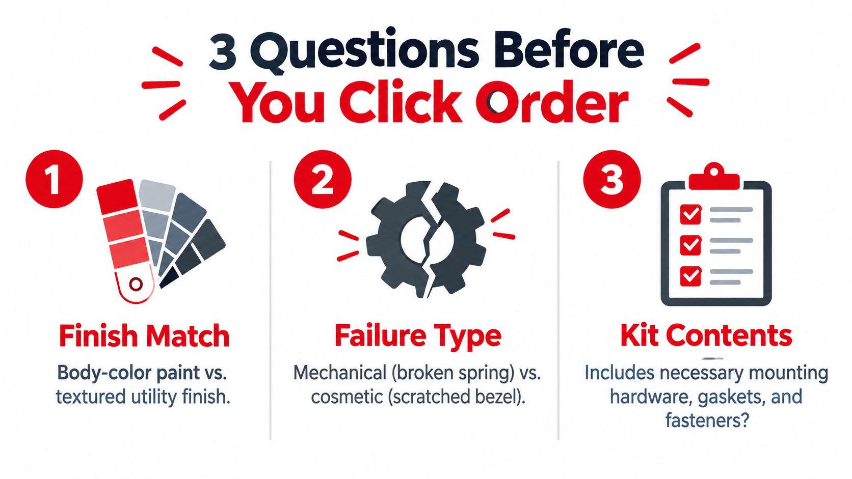 An infographic showing three steps to consider before ordering door handle replacement parts, including finish, failure, and kit contents.