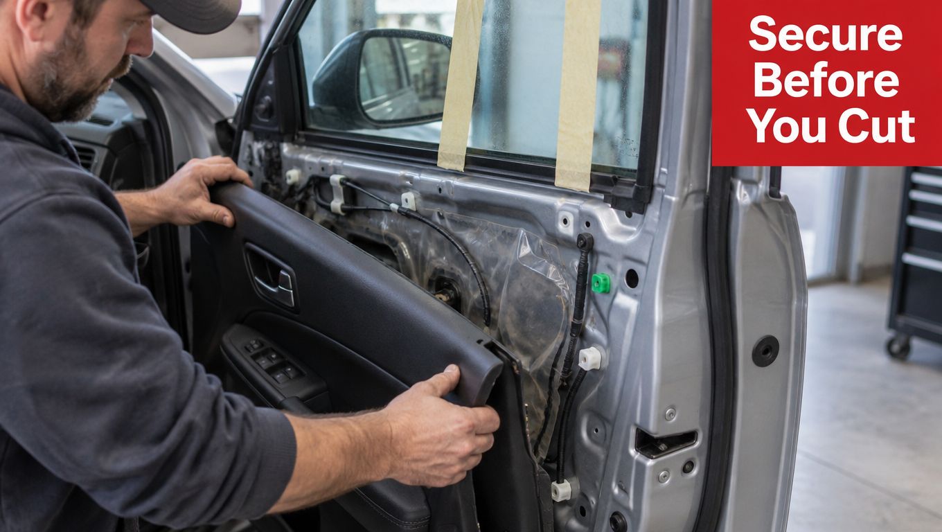 A mechanic installing a car door panel during a professional window regulator replacement service in a garage.