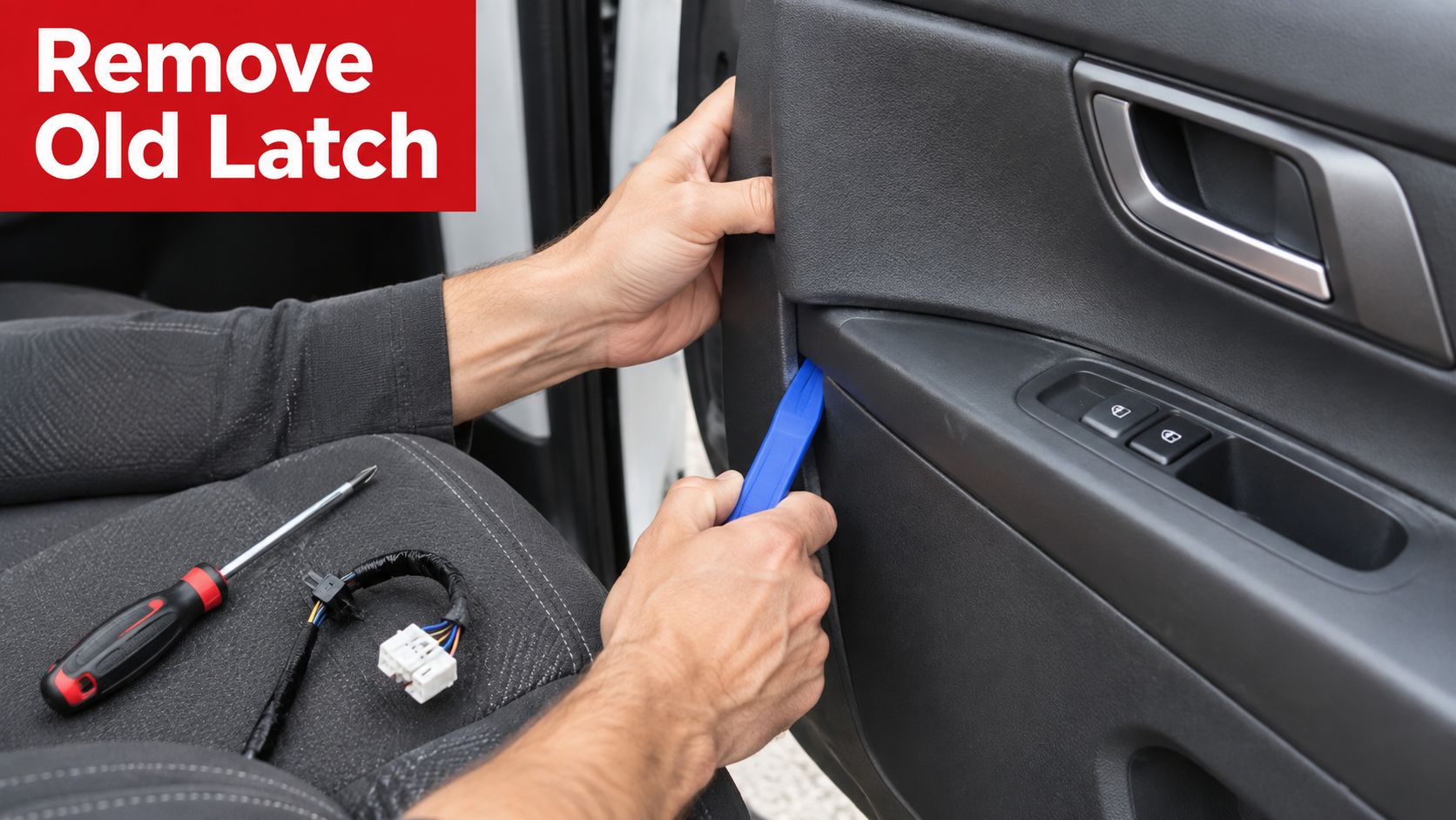 A technician uses a plastic trim removal tool to pry open a car door panel.