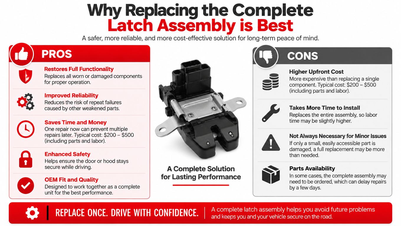 An infographic detailing the pros and cons of replacing a complete vehicle door latch assembly.