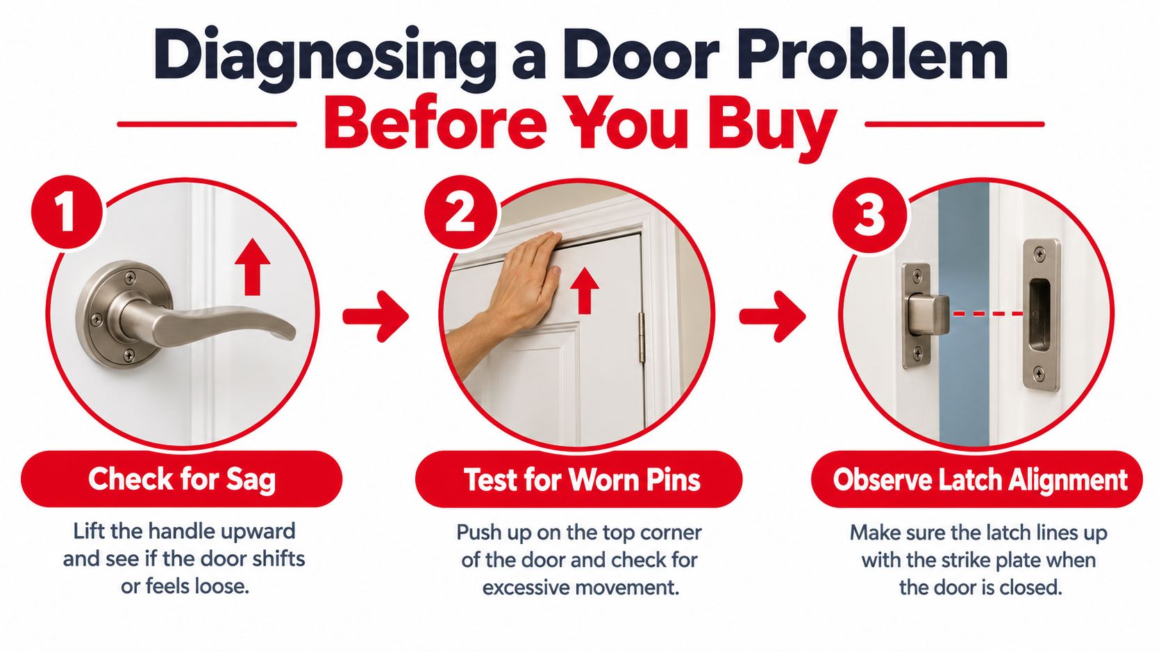 A graphic demonstrating three simple steps to diagnose door alignment and hinge problems before buying new hardware.