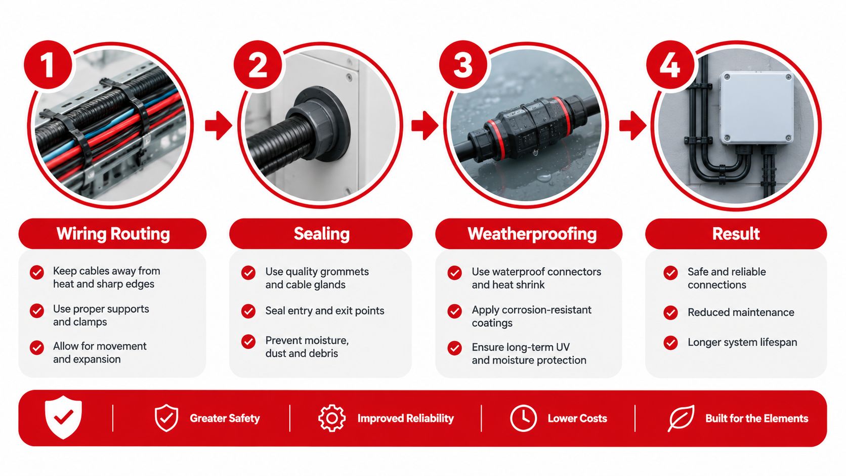 A four-step infographic illustrating best practices for outdoor electrical wiring, sealing, weatherproofing, and final installation results.