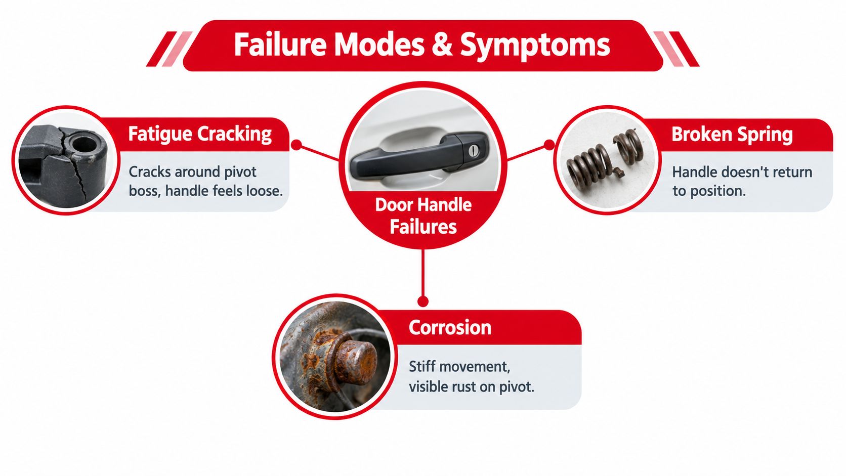 A diagram illustrating common door handle failure modes including fatigue cracking, broken springs, and corrosion.