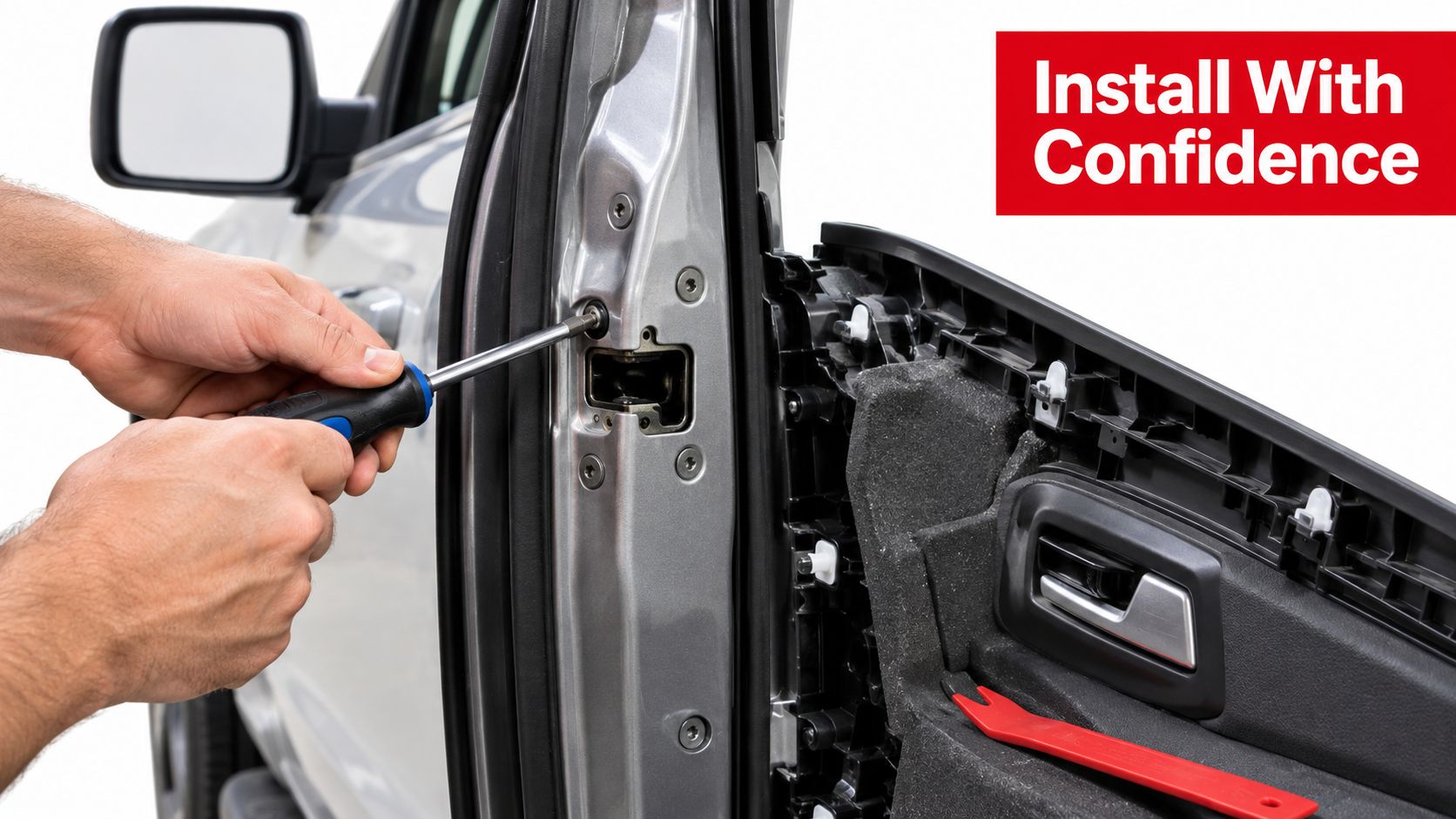 A technician uses a screwdriver to install iron door latch hardware on a silver vehicle door frame.