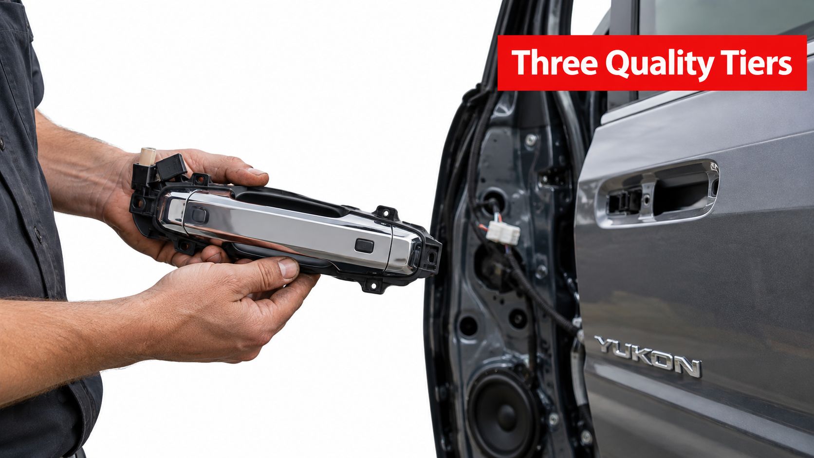 A mechanic holding a chrome GMC Yukon replacement door handle near an open vehicle door.