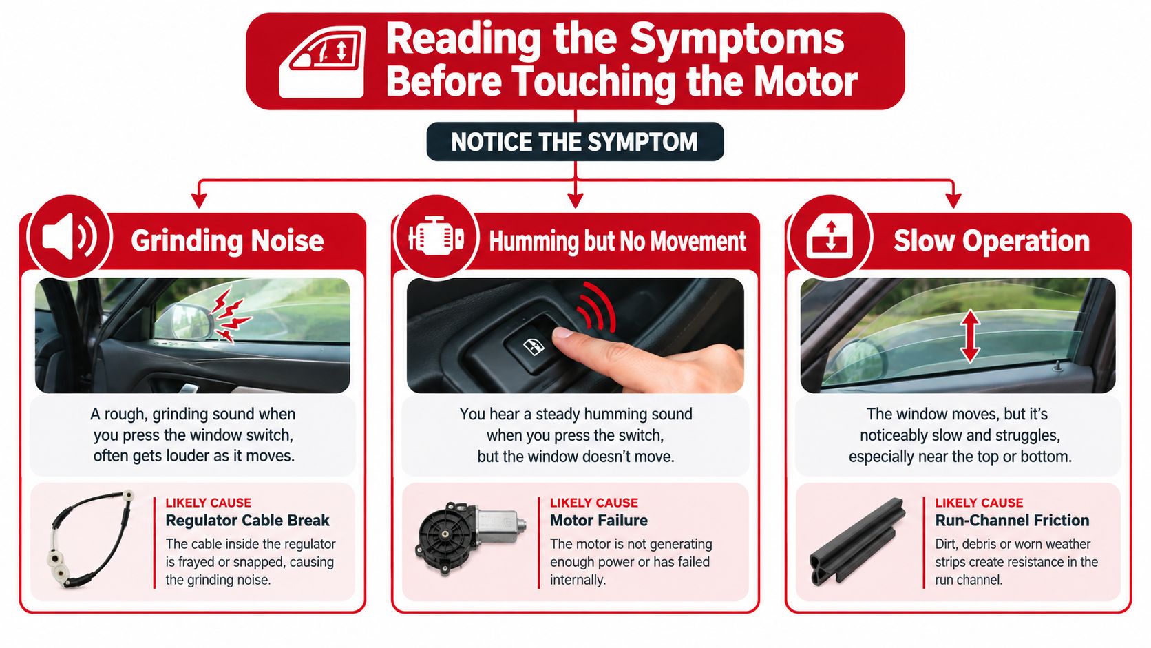 A diagnostic guide illustrating common car window motor symptoms including grinding noises, humming sounds, and slow operation.