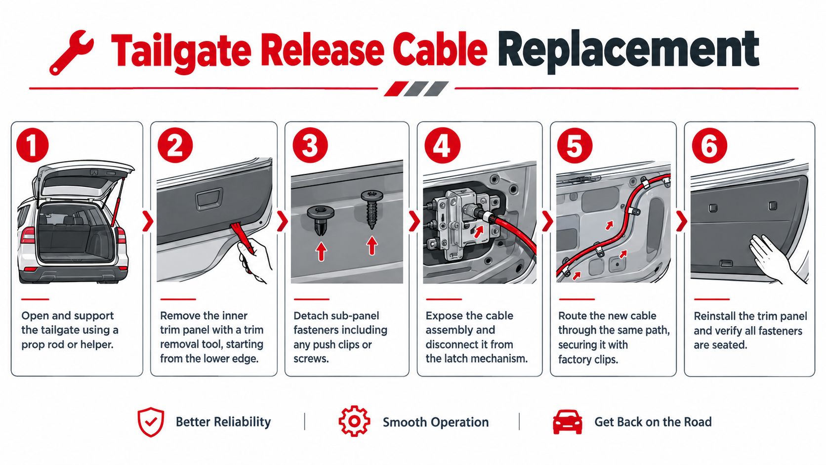 An illustrated step-by-step guide on how to replace a vehicle's tailgate release cable.