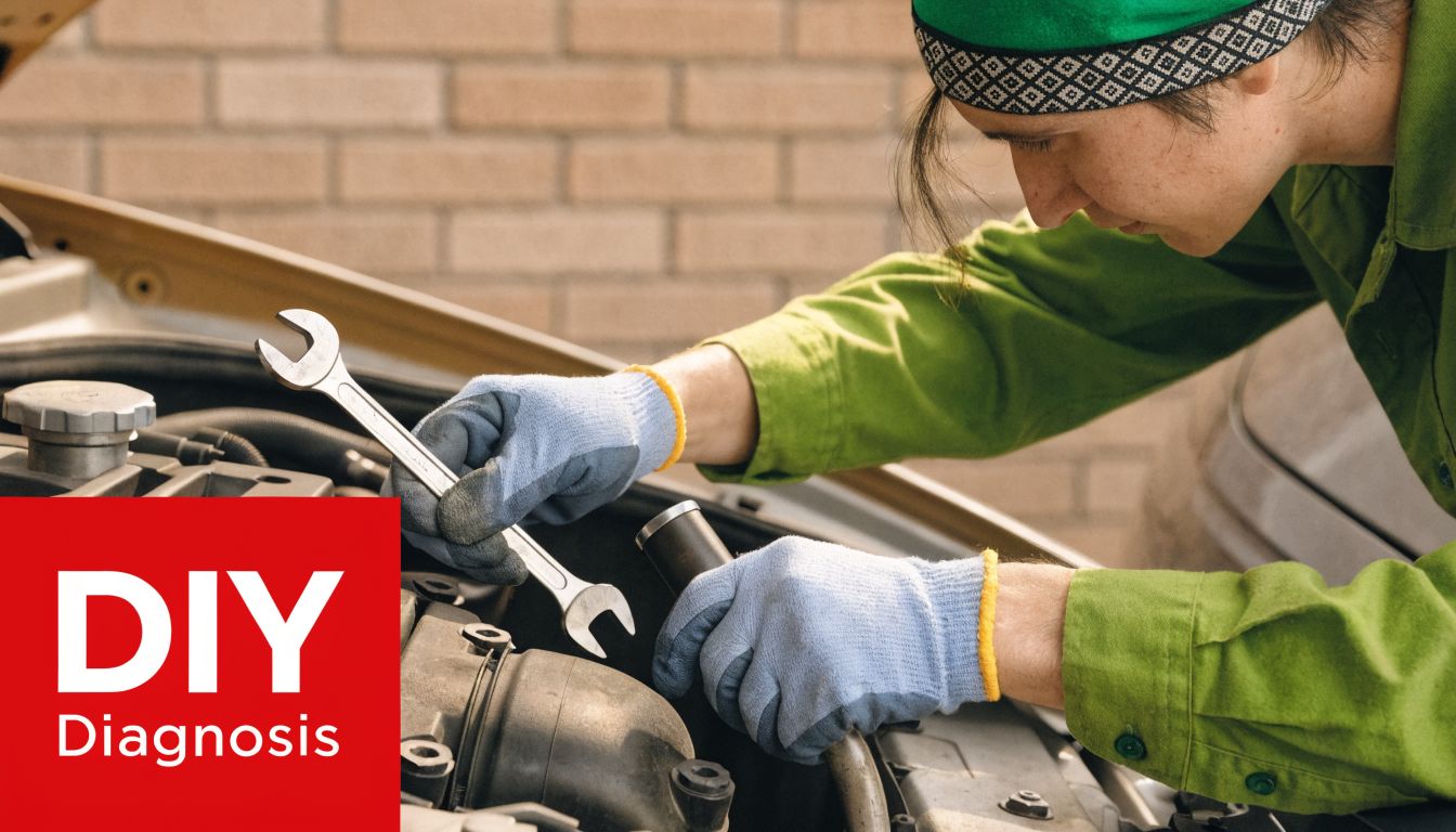 A person in a green shirt wearing work gloves performing a DIY car engine diagnosis and maintenance.