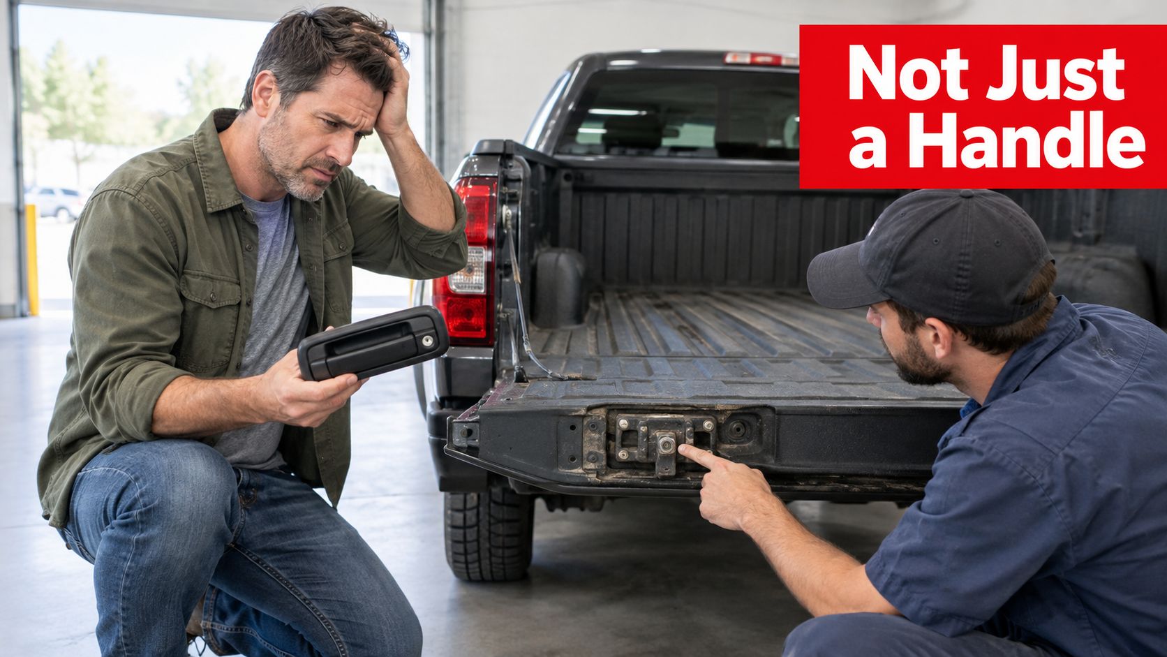 A man looking frustrated while holding a replacement truck tailgate handle as a mechanic points at the latch.