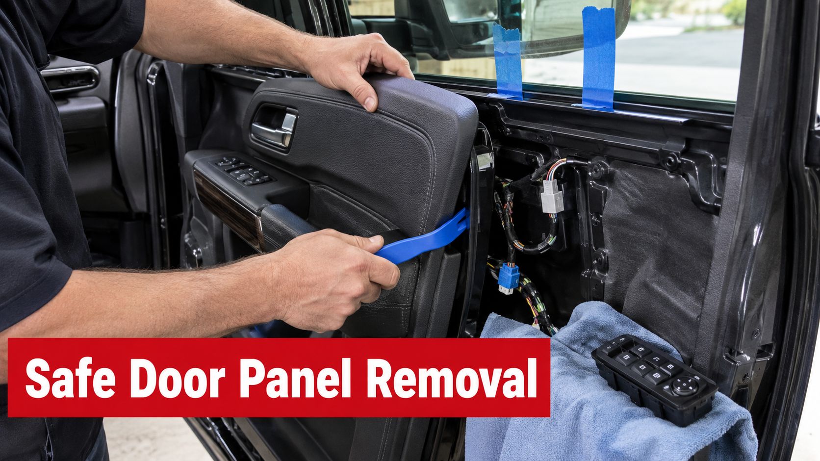 A technician carefully uses a blue plastic pry tool to remove a GMC truck interior door panel.