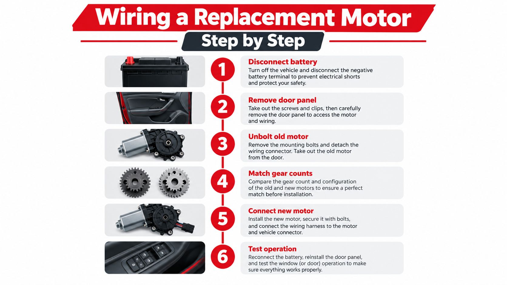 A six-step infographic demonstrating the process of wiring and replacing a car's power window motor.