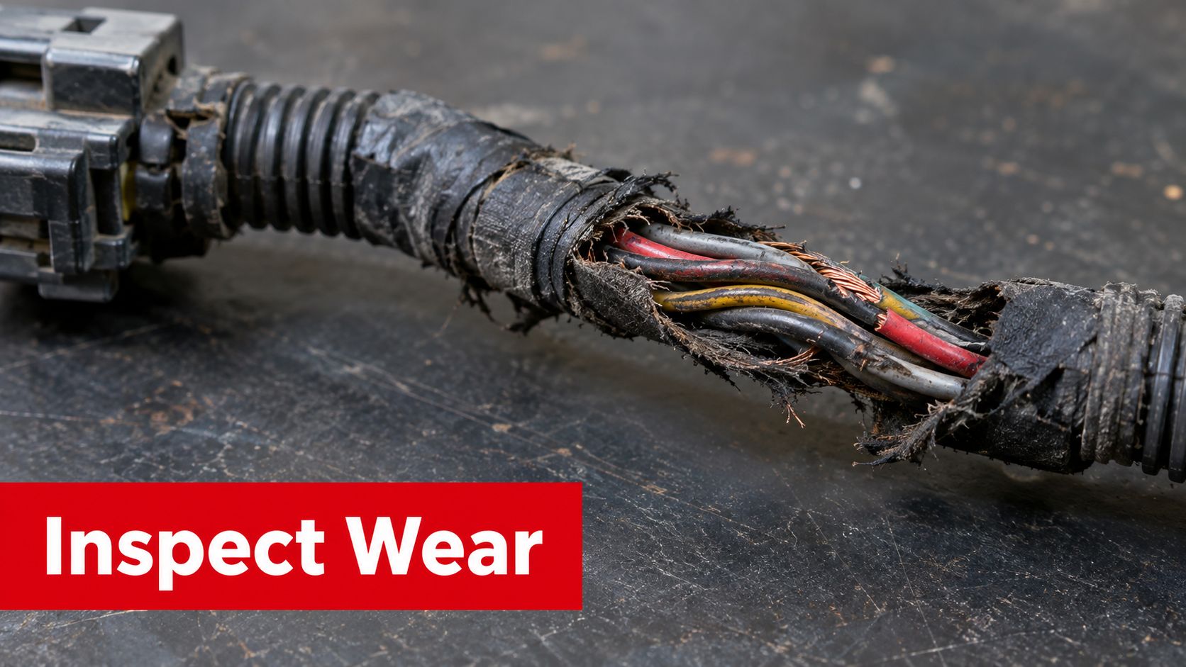 A close-up view of a damaged automotive wiring harness with exposed colorful electrical wires and frayed insulation.
