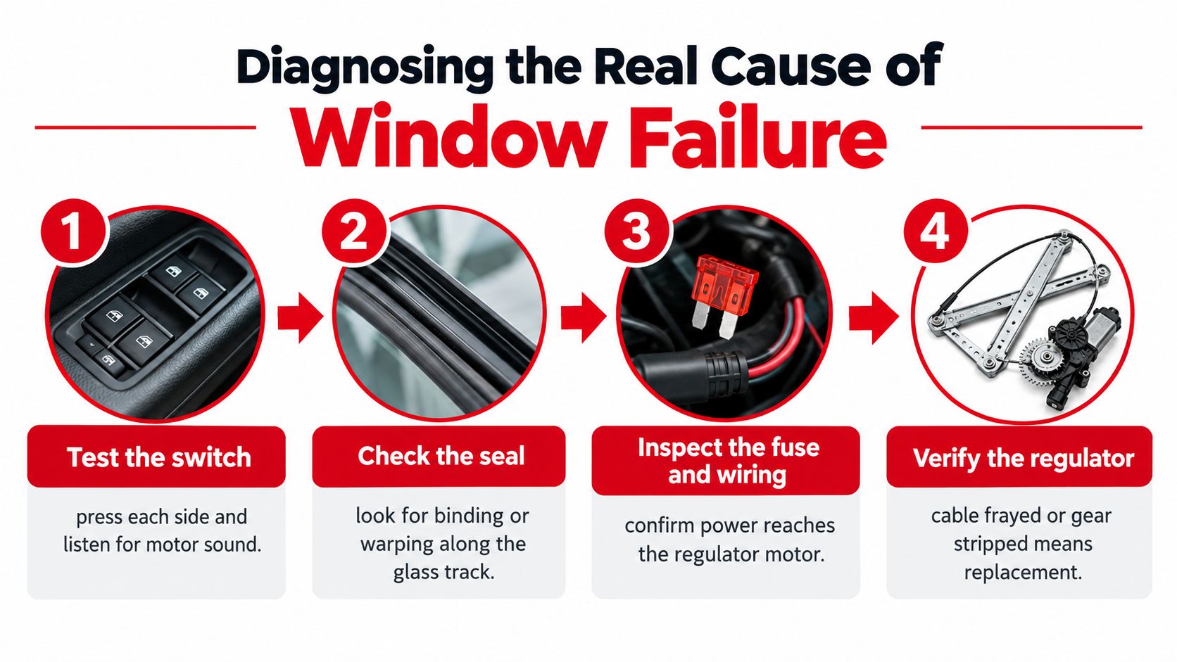 A step-by-step diagnostic chart for troubleshooting automotive window failure involving switches, seals, fuses, and regulators.