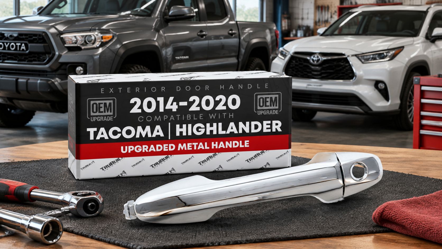 Exterior Front Driver Door Handle & Cover, Upgraded Metal - Compatible with 2016-2020 Toyota Tacoma, 14-19 Toyota Highlander - All Chrome w/Keyhole - OEM 69211-0E010-C1, 69217-0E030-C1 - Front Driver Side Handle