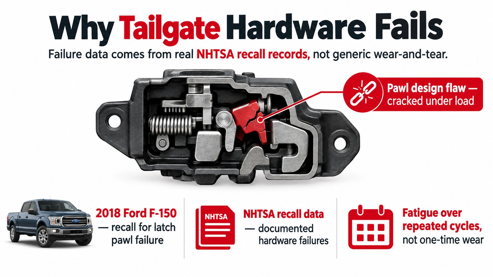 A diagram illustrating tailgate latch failure caused by a cracked pawl in 2018 Ford F-150 vehicles.