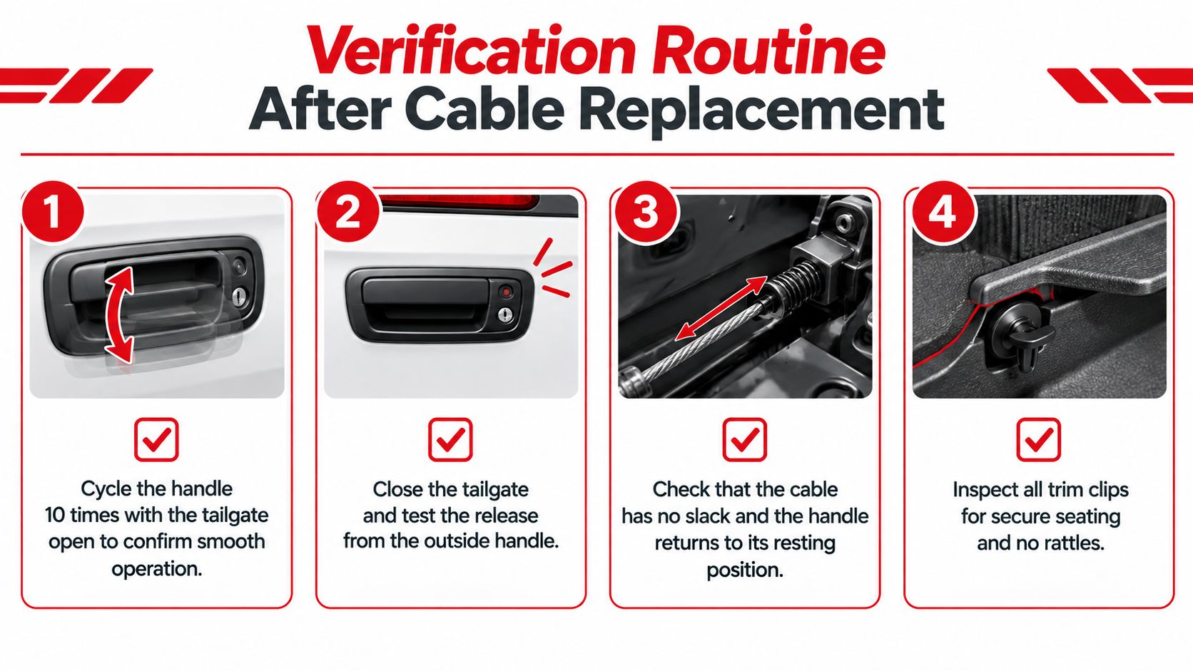 A step-by-step verification guide for a vehicle tailgate release cable replacement featuring four inspection procedures.
