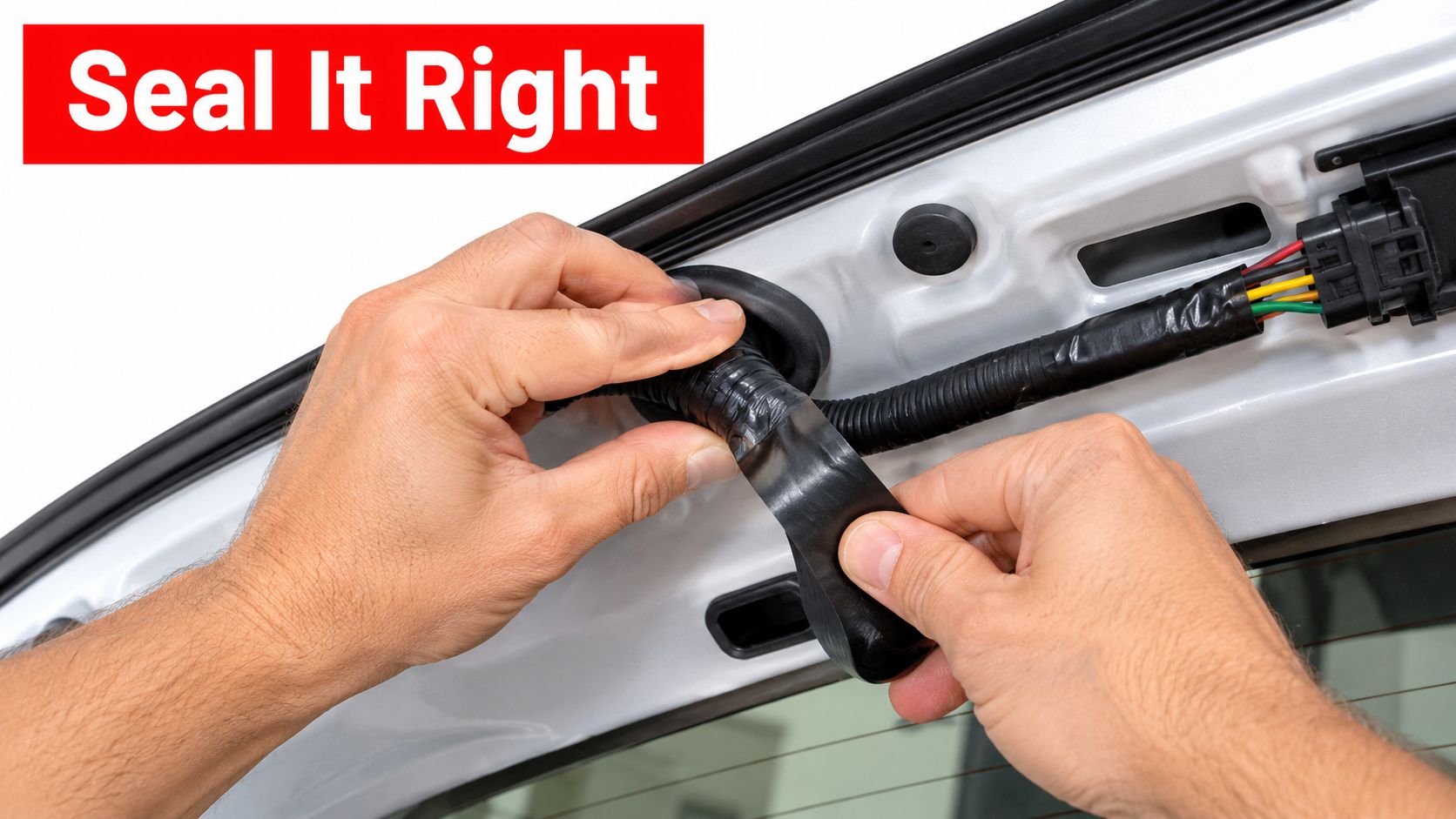 A technician carefully securing the wiring harness seal on a vehicle's rear hatch during repair.