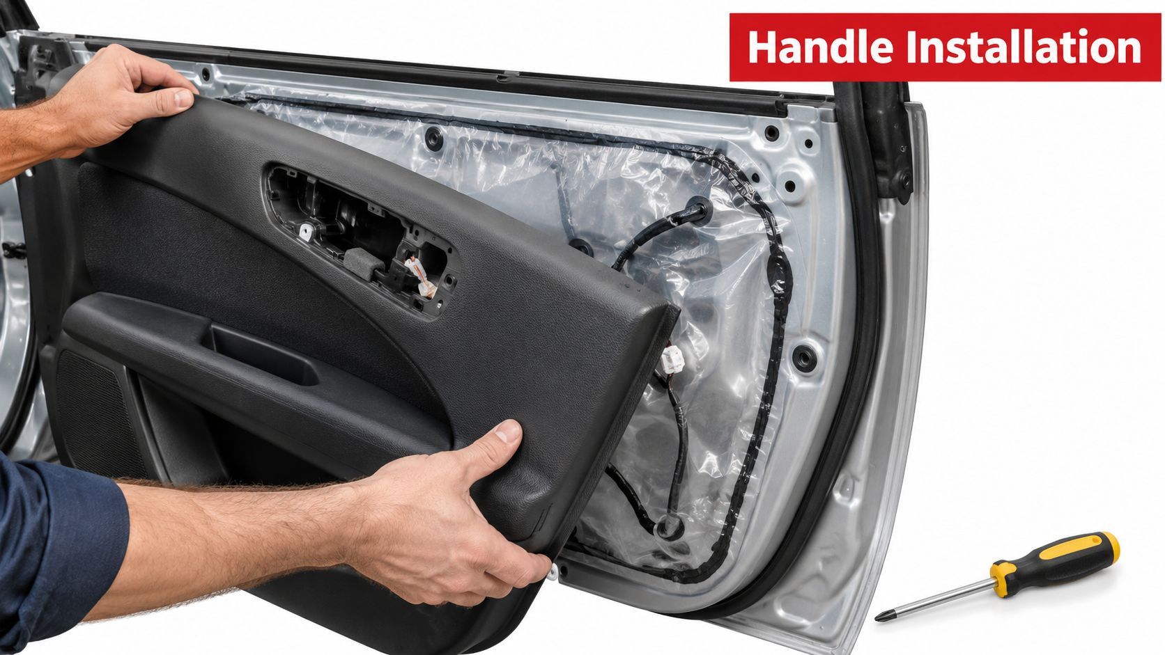 A technician aligning a car door panel during a door handle installation project in a workshop.