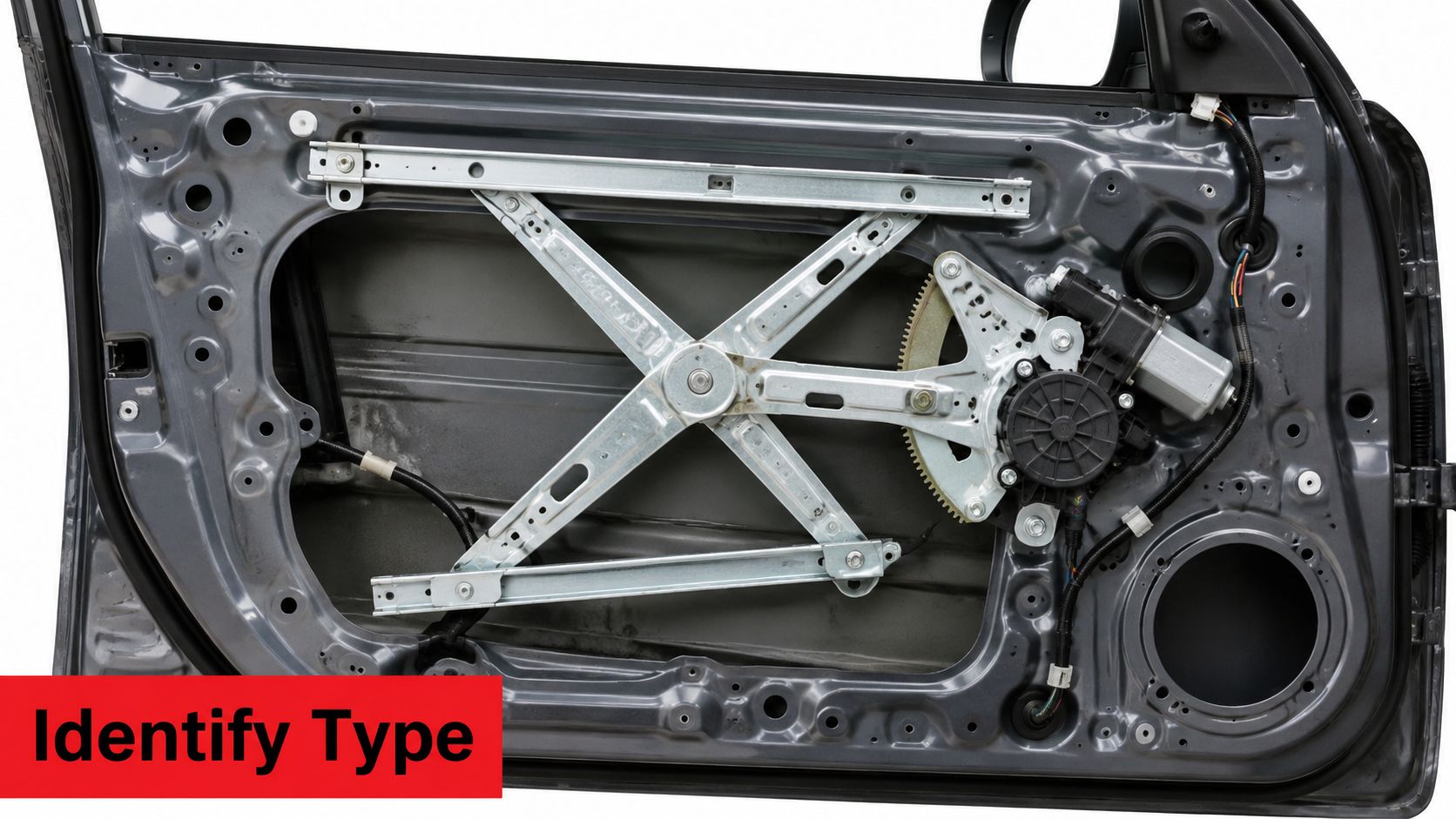 A close-up view of an open car door interior featuring the installed window regulator mechanism.