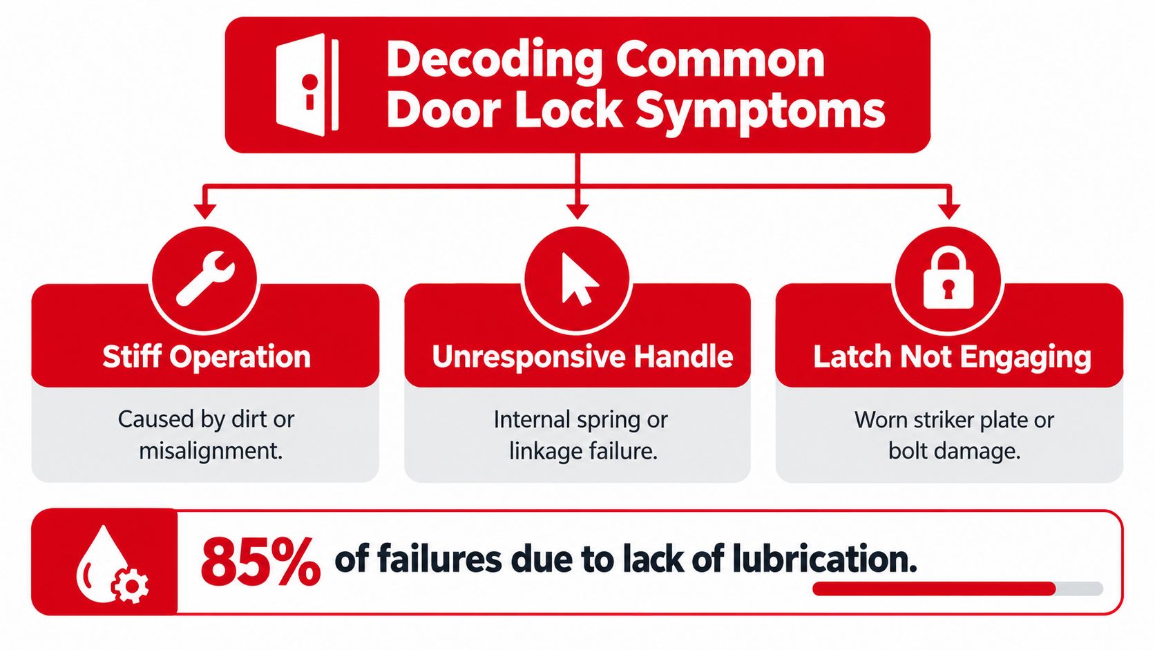 An infographic detailing common door lock symptoms including stiff operation, unresponsive handles, and latch failures due to maintenance.