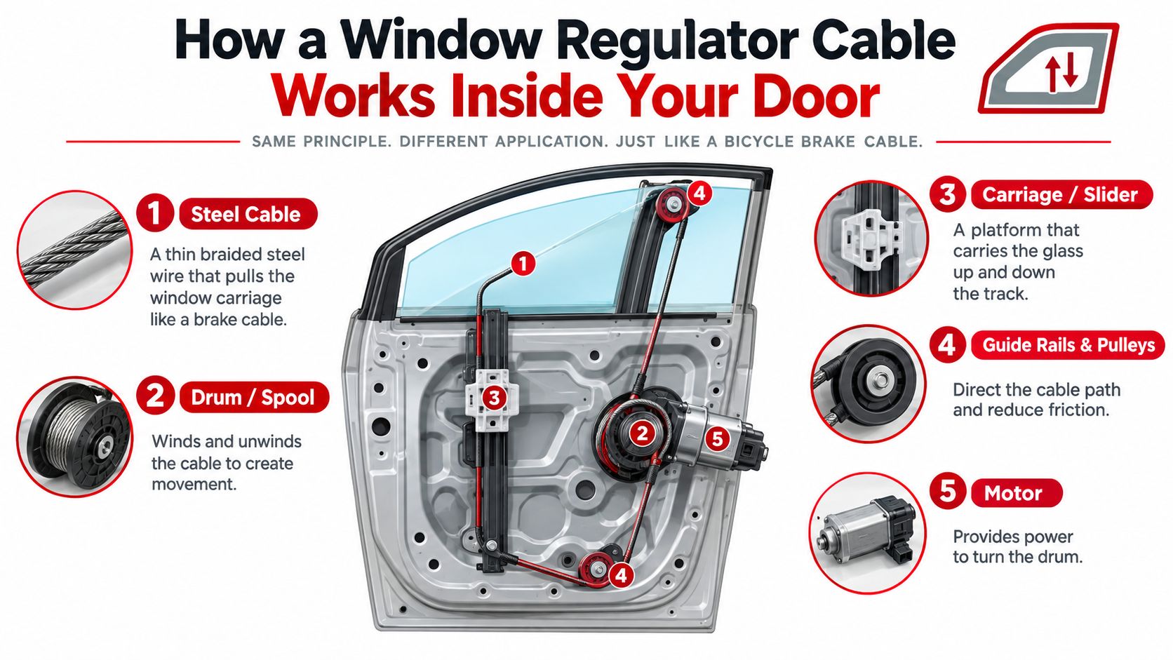 A diagram illustrating the components of an automotive window regulator cable system inside a car door.