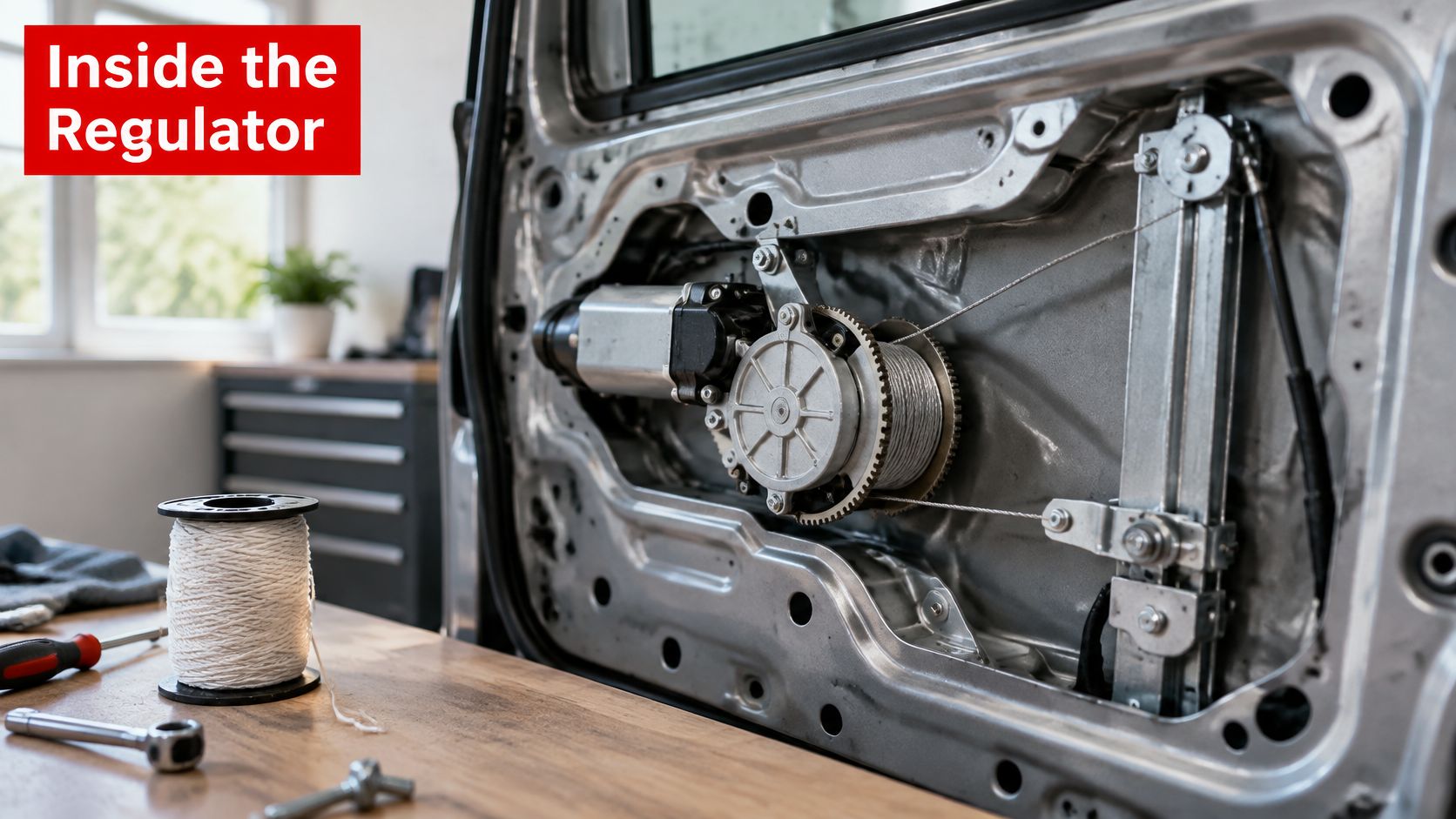 A close-up view of an open car door interior showing a power window regulator motor mechanism.