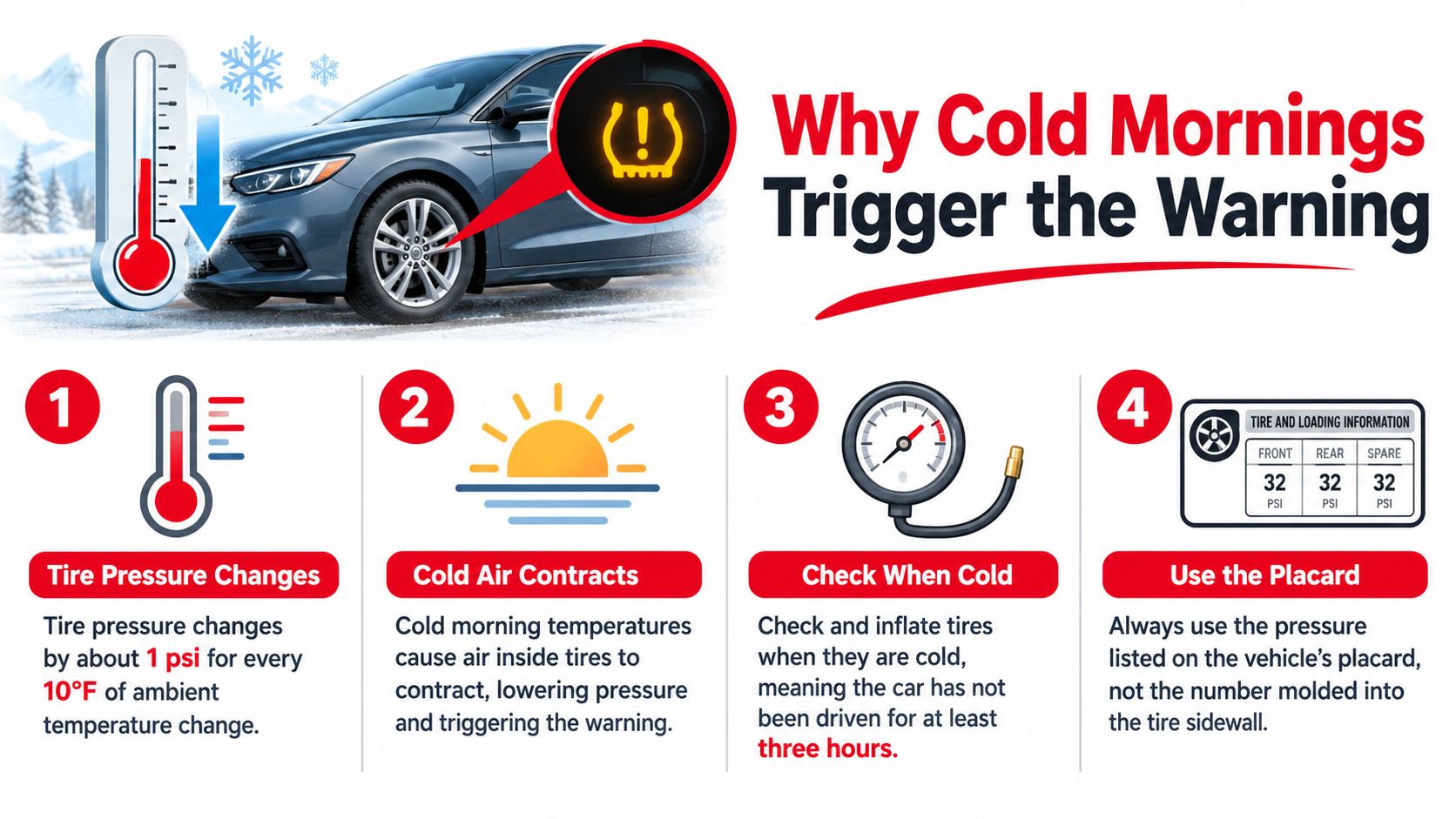 An infographic explaining how cold temperatures cause low tire pressure and trigger the dashboard warning light.