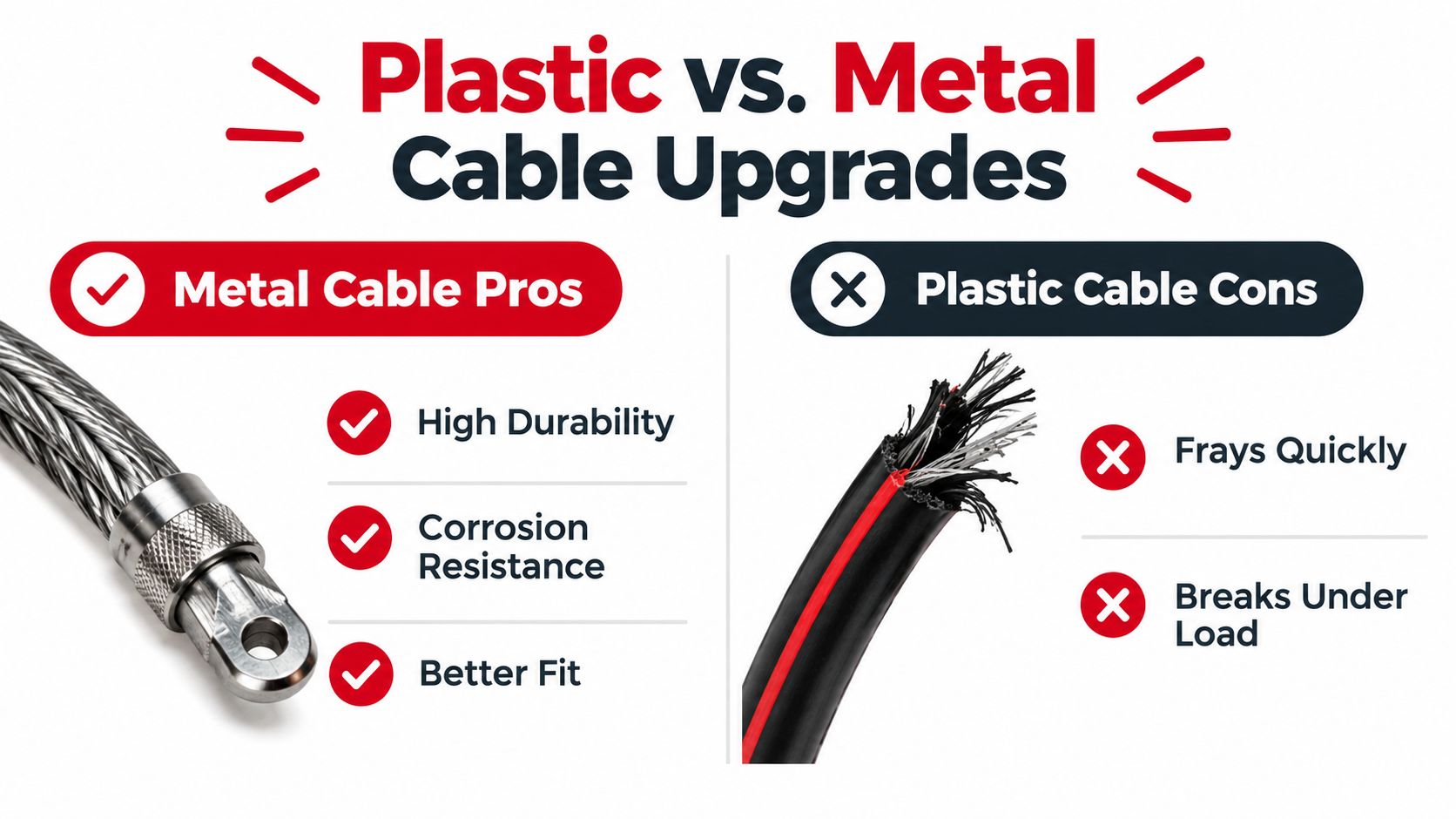 An infographic comparing the durability of metal versus plastic tailgate cables for vehicle upgrades.
