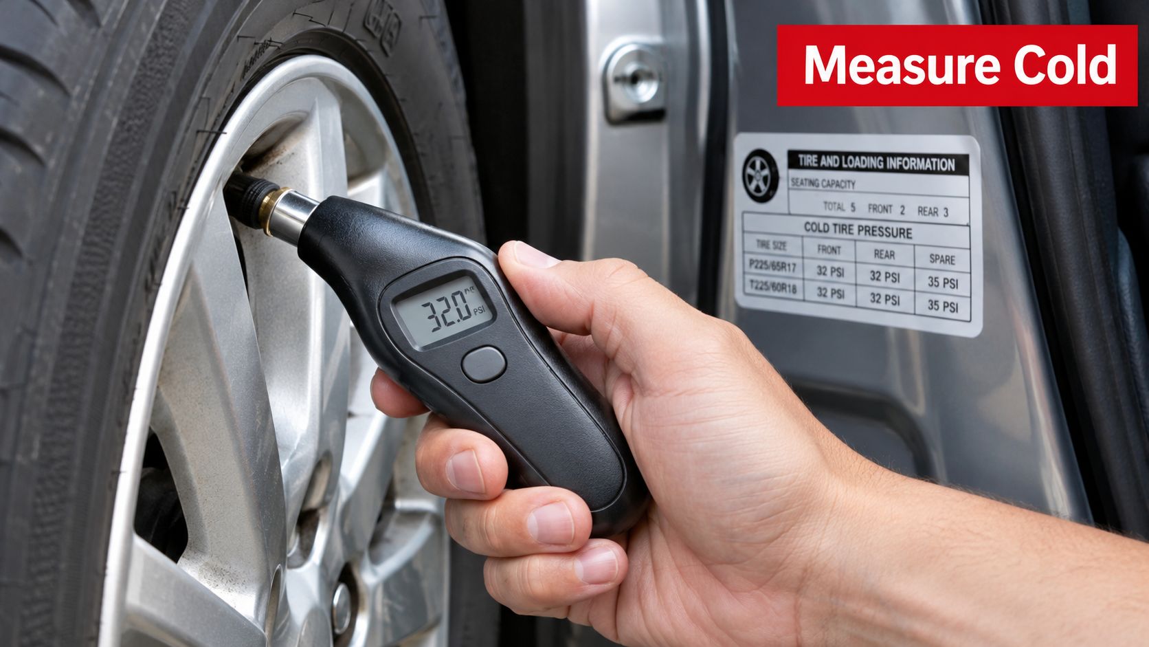 A person using a digital pressure gauge to measure the tire pressure of a car wheel.