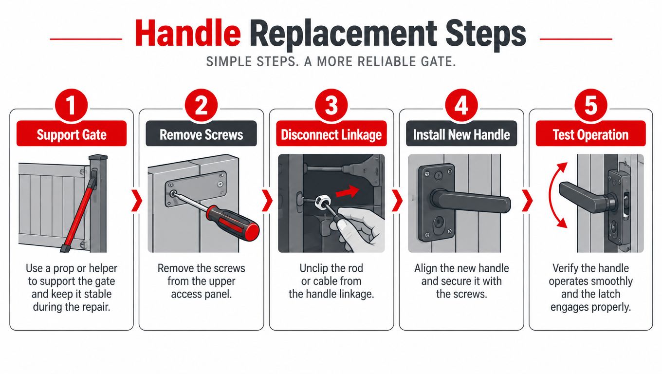 An infographic detailing five simple steps for replacing a gate handle, including supporting the gate and testing.