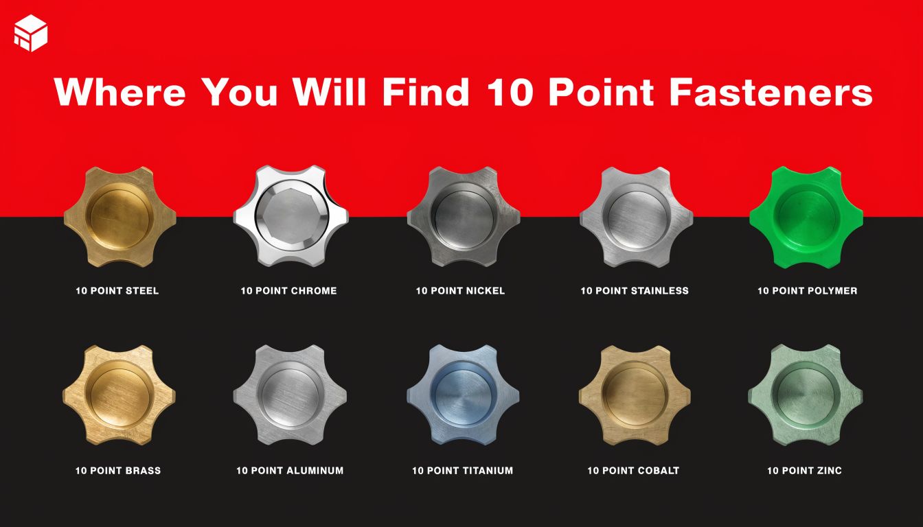 A display of ten different 10 point socket fastener types made from various materials like steel and titanium.