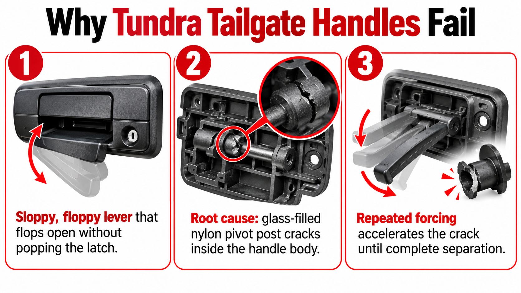 An infographic showing the three steps of how a Toyota Tundra tailgate handle fails due to cracking.